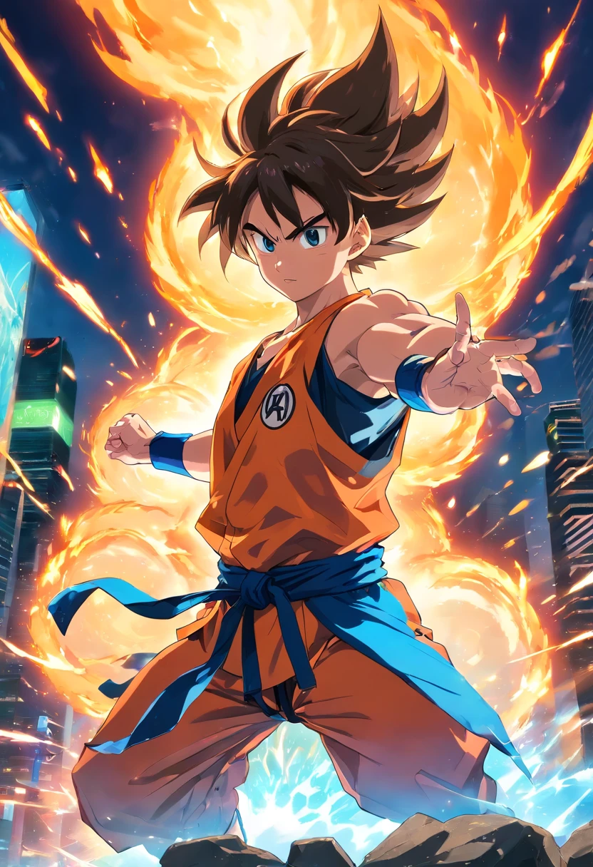 Best quality,Ultra-detailed,Realistic,Goku does Genki Daima,anime big breast,energy sphere,Kamehameha,Aura,Martial arts,Fight armored warriors,Powerful attack,Vibrant colors,Dynamic pose,Intense battle scenes,special effects，floating rocks,The dramatic lighting is intense,Gather energy,Scream with strength,Concentrate,Surrounded by energy,Tension in the air,A symbol of hope,Witness the power,A constant flow of power,Sharp focus,grexaggerated movements,fiery aura,Blasting energy,Glowing eyes,Huge energy accumulation,Earth-shattering,flaming hair,Collateral damages,blasts,Overwhelming power