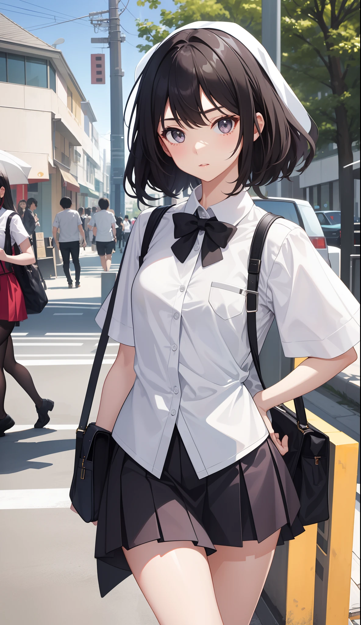 1girl in、The shirt、skirt by the、(small tits)、Walking with a thigh、Upper body portrait、