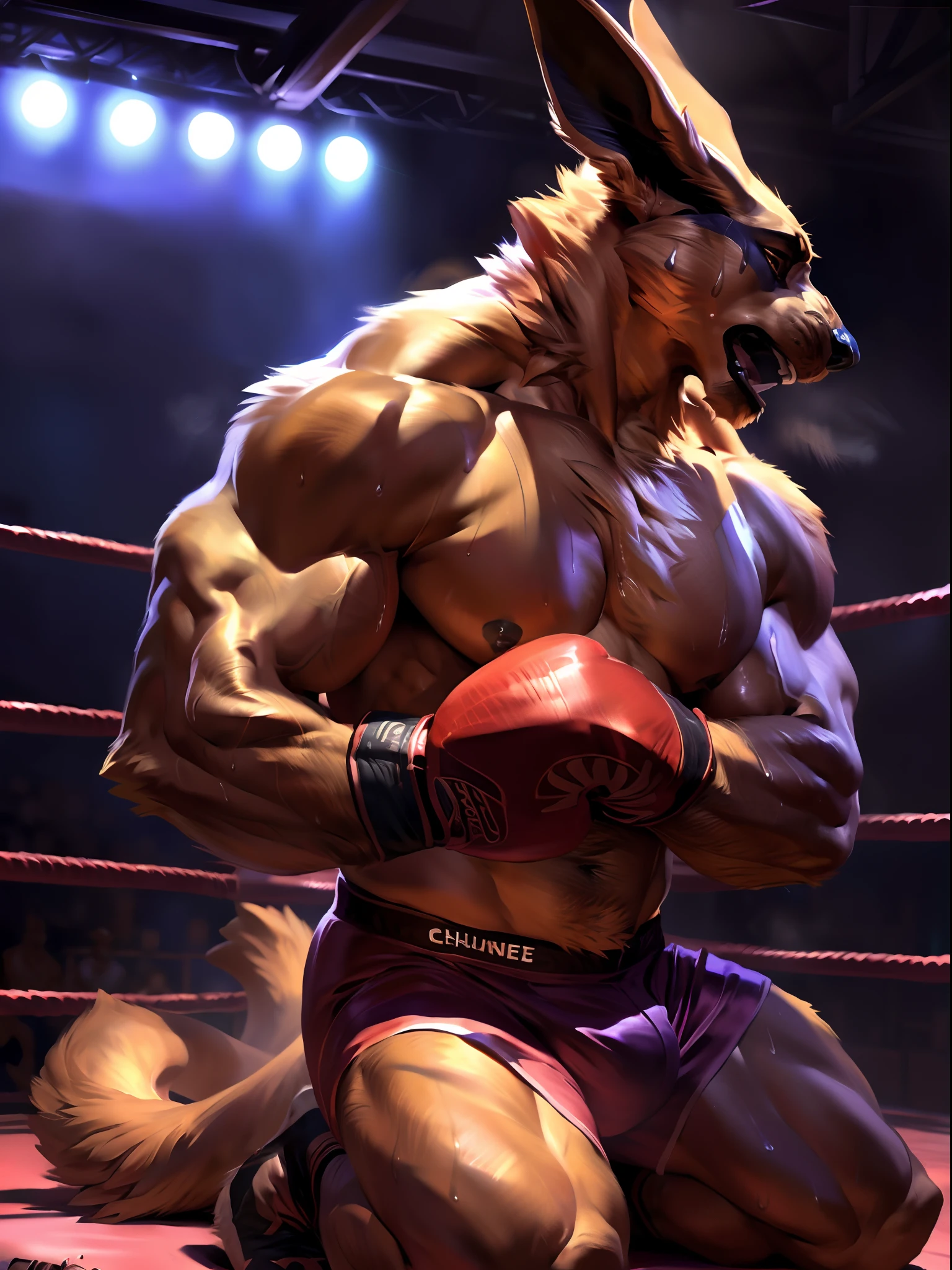 muscular anthro lora:kurama wearing boxing gloves. 4k, high resolution, best quality, perfect colors, perfect shadows, perfect lighting, posted on e621, furry body, solo, anthro kurama, body hair, older, male, adult, masculine, (heavily muscular, buff:1.2), bare torso, correct anatomy, (photorealistic fur, detailed fur, epic, masterpiece:1.2), (detailed gym background, nighttime), sexy shadows, (by Taran Fiddler, by Chunie, by Kusunagi, Bonifasko lighting), (boxing shorts:1.2), (detailed eyes:1.2), sweaty:1, sweat:1.2, shiny fur, full body, boxing gloves, kneeling on floor, (sweat:1.4), open mouth, visible breath, exhausted, (arms lowered, arms down:1.1)