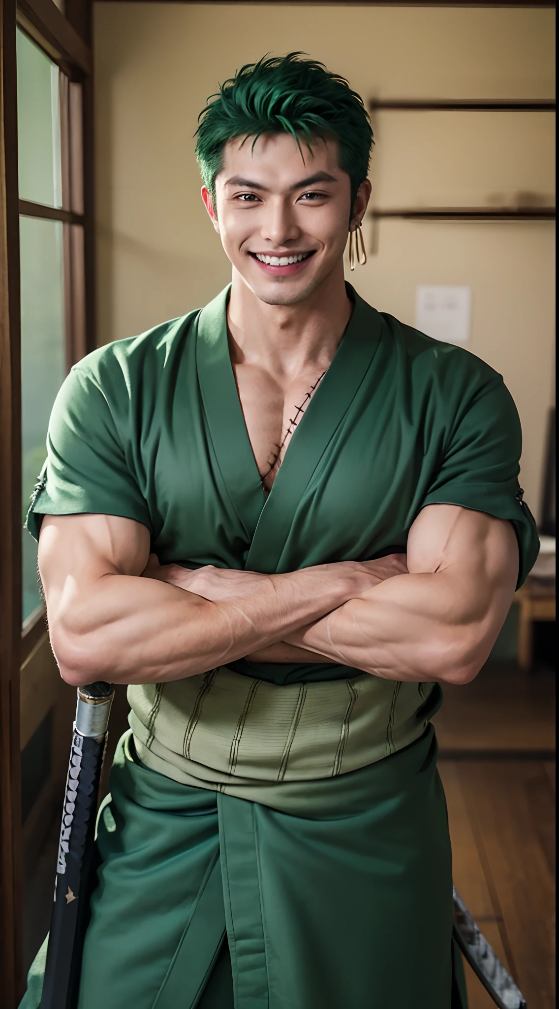 (masterpiece, best quality:1.2), cowboy shot, solo, male focus, 1boy, roronoa zoro, scar, muscular male, grin, looking at viewer, (dual wielding:1.2) katanas, crossed arms, japanese clothes, green kimono, green hair, green eyebrow