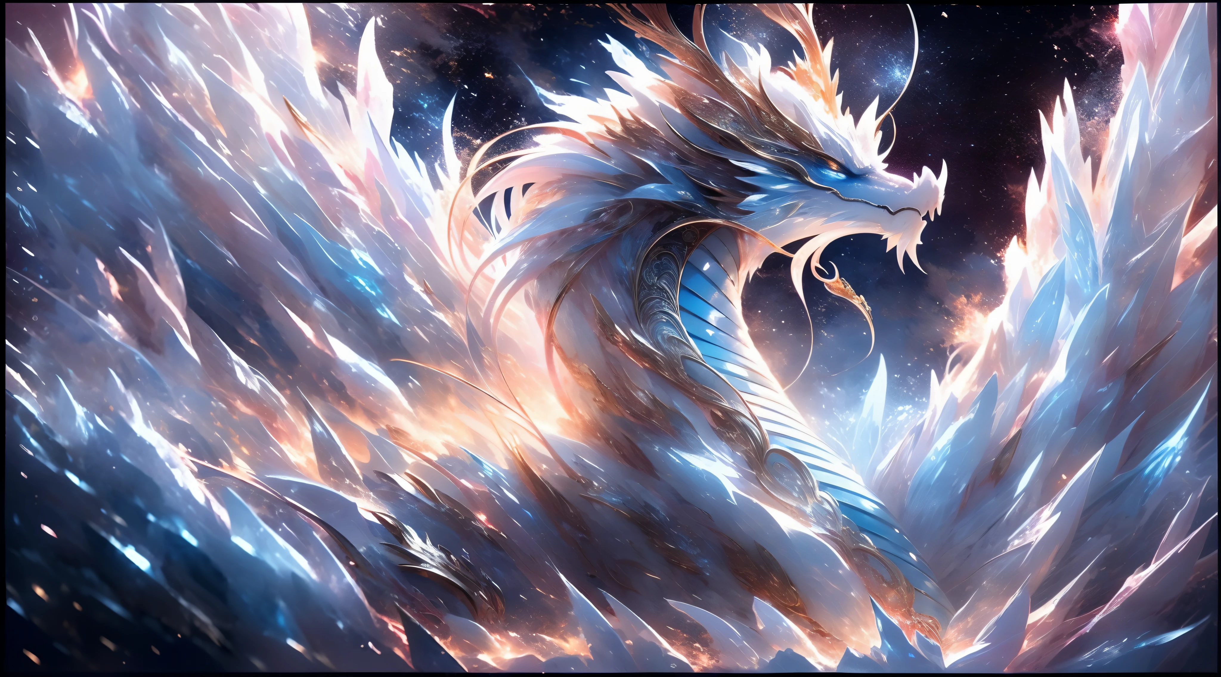(((best quality)))), ((ultra-detailed))), (((masterpiece))), illustrations In this Ice Age scene, the addition of the element of fire brings strong contrast and visual impact. In the center of the picture, a glacier dragon stands majestically, its body is composed of countless ice-blue scales, each of which is like an independent ice crystal, (8K ultra-high definition), and the edge of each scale is clearly visible. However, what was amazing was that the dragon's mouth spewed not an icy breath, but a blazing flame. The flames jumped and burned in the cold air, illuminating the surrounding ice and snow, creating a strange scene of ice and fire blending. This flame is like a bright star, illuminating the night sky of the Ice Age. The blazing heat of the flames contrasts sharply with the coldness of the glaciers, symbolizing the power of life and the harshness of nature. In this icy world, the presence of flames brings hope and life, adding more layers and depth to the Ice Age scene. On the distant skyline, a bright moon slowly rises, casting a faint glow. The moonlight shines through the mist on the glacier, reflecting the twinkling ice crystals, which contrasts with the blazing heat of the flames, creating a mysterious and dreamy atmosphere. The whole picture emphasizes the magnificence and mystery of the ice age, and conveys the unique atmosphere of this ice magic domain through the use of light and shadow and the change of color. The elements of ice and fire are cleverly combined to create a unique visual impact that will not be forgotten.