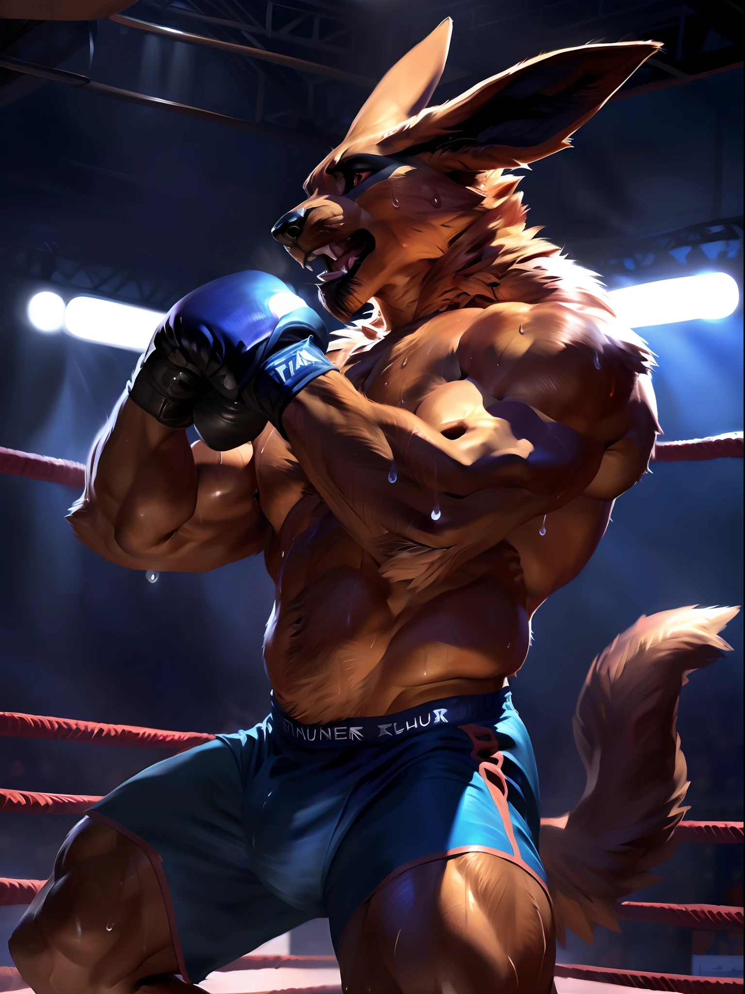 muscular anthro lora:kurama wearing boxing gloves. 4k, high resolution, best quality, perfect colors, perfect shadows, perfect lighting, posted on e621, furry body, solo, anthro kurama, body hair, older, male, adult, masculine, (heavily muscular, buff:1.2), bare torso, correct anatomy, (photorealistic fur, detailed fur, epic, masterpiece:1.2), (detailed gym background, nighttime), sexy shadows, (by Taran Fiddler, by Chunie, by Kusunagi, Bonifasko lighting), (boxing shorts:1.2), (detailed eyes:1.2), sweaty:1, sweat:1.2, shiny fur, full body, boxing gloves, kneeling on floor, (sweat:1.4), open mouth, visible breath, exhausted, (arms lowered, arms down:1.1)