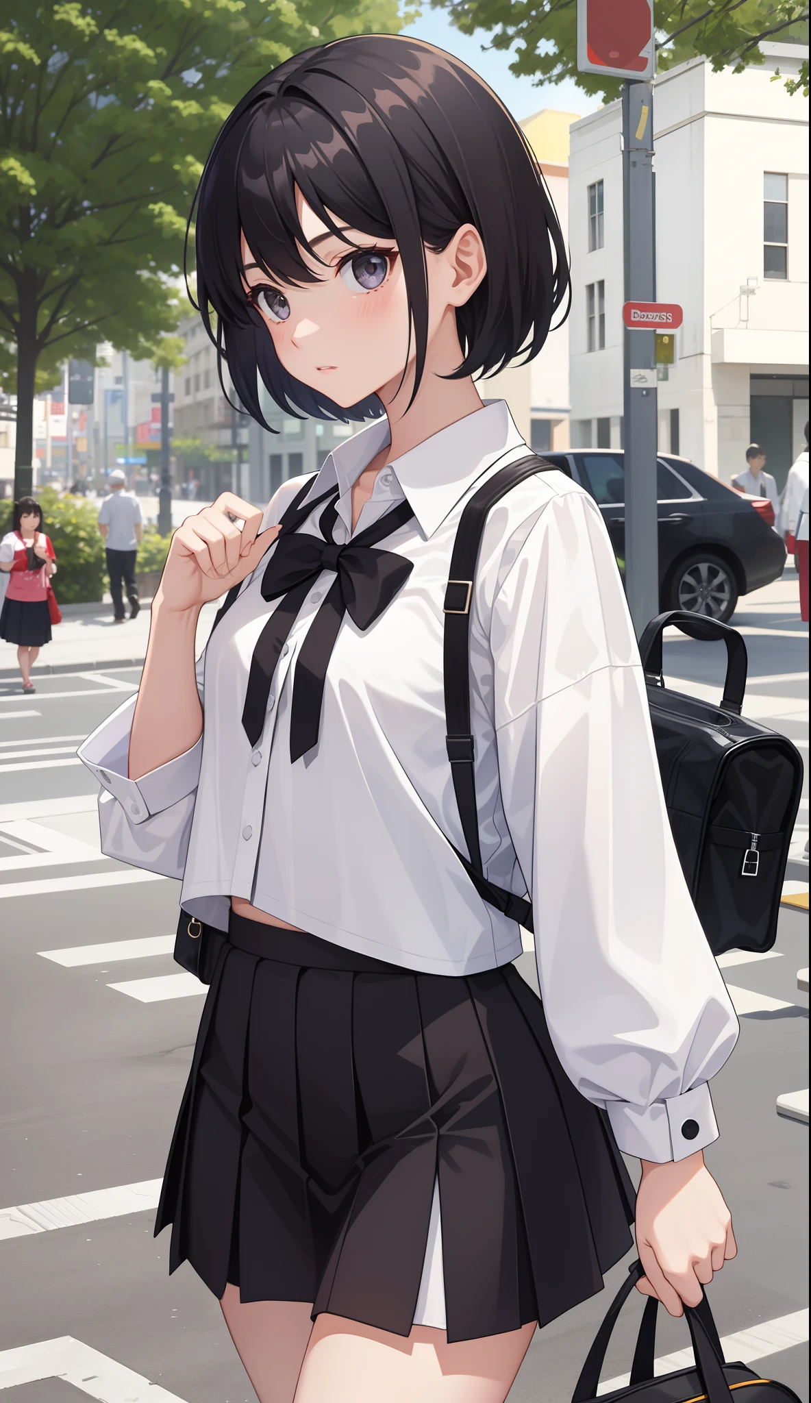 1girl in、The shirt、skirt by the、(small tits)、Walking with a thigh、Upper body portrait、
