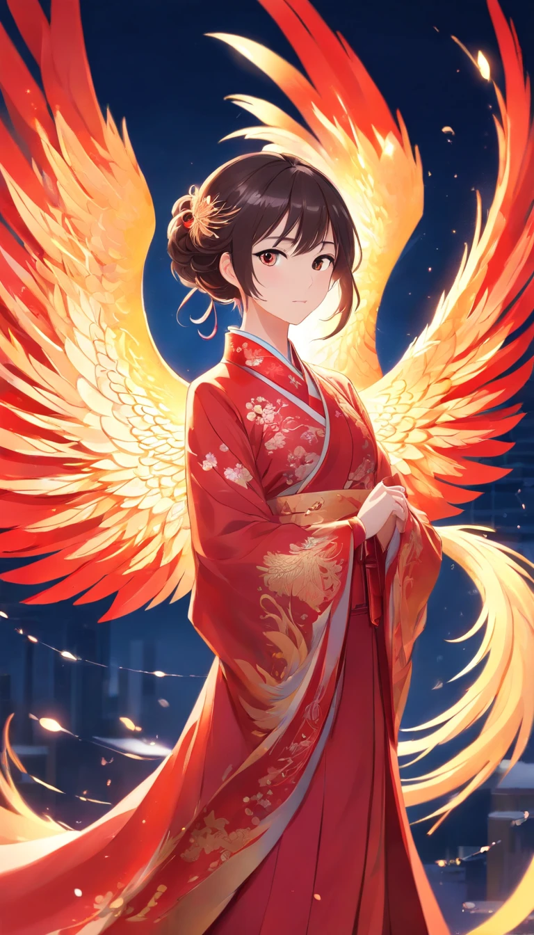 Stunning Chinese Hanfu wedding cape，Embroidered with crystal translucent phoenix. The phoenix shines like a diamond. The phoenix comes to life，Dragging a 2-meter skirt. It's beautiful, Noble, Red, magic, Octane rendering, Surreal, Light background