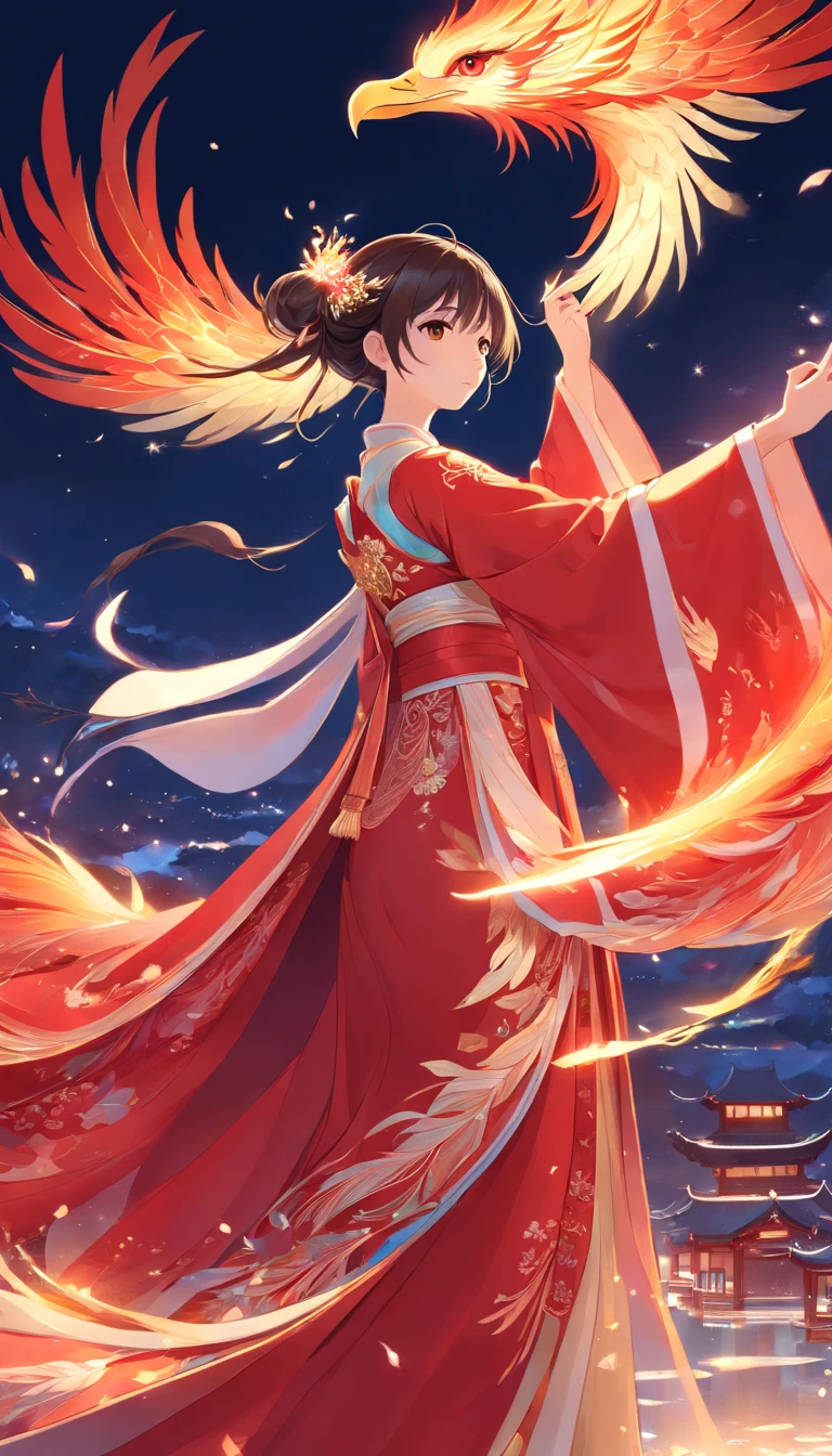 Stunning Chinese Hanfu wedding cape,Embroidered with crystal translucent phoenix. The phoenix shines like a diamond. The phoenix comes to life,Dragging a 2-meter skirt. It's beautiful, Noble, Red, magic, Octane rendering, Surreal, Light background