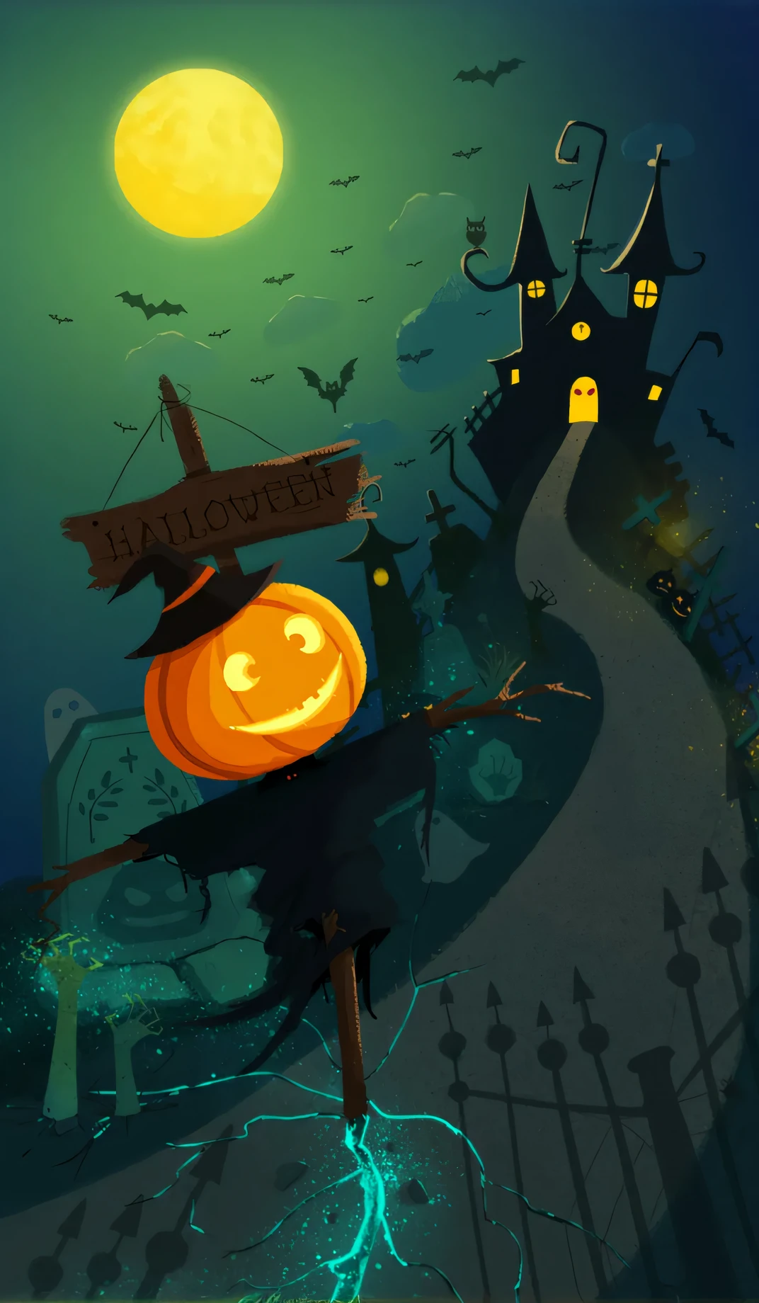 There is a cartoon character,Halloween pumpkin on a broom, halloween theme, spooky halloween theme, halloween art style, halloween atmosphere, halloween celebration, halloween scene, spooky halloween night, halloween night, Halloween, background artwork, Trick or Treat, spooky and scary atmosphere, Stylized digital illustration, halloween wallpaper with ghosts, jack - o'- lantern, haunted house themed