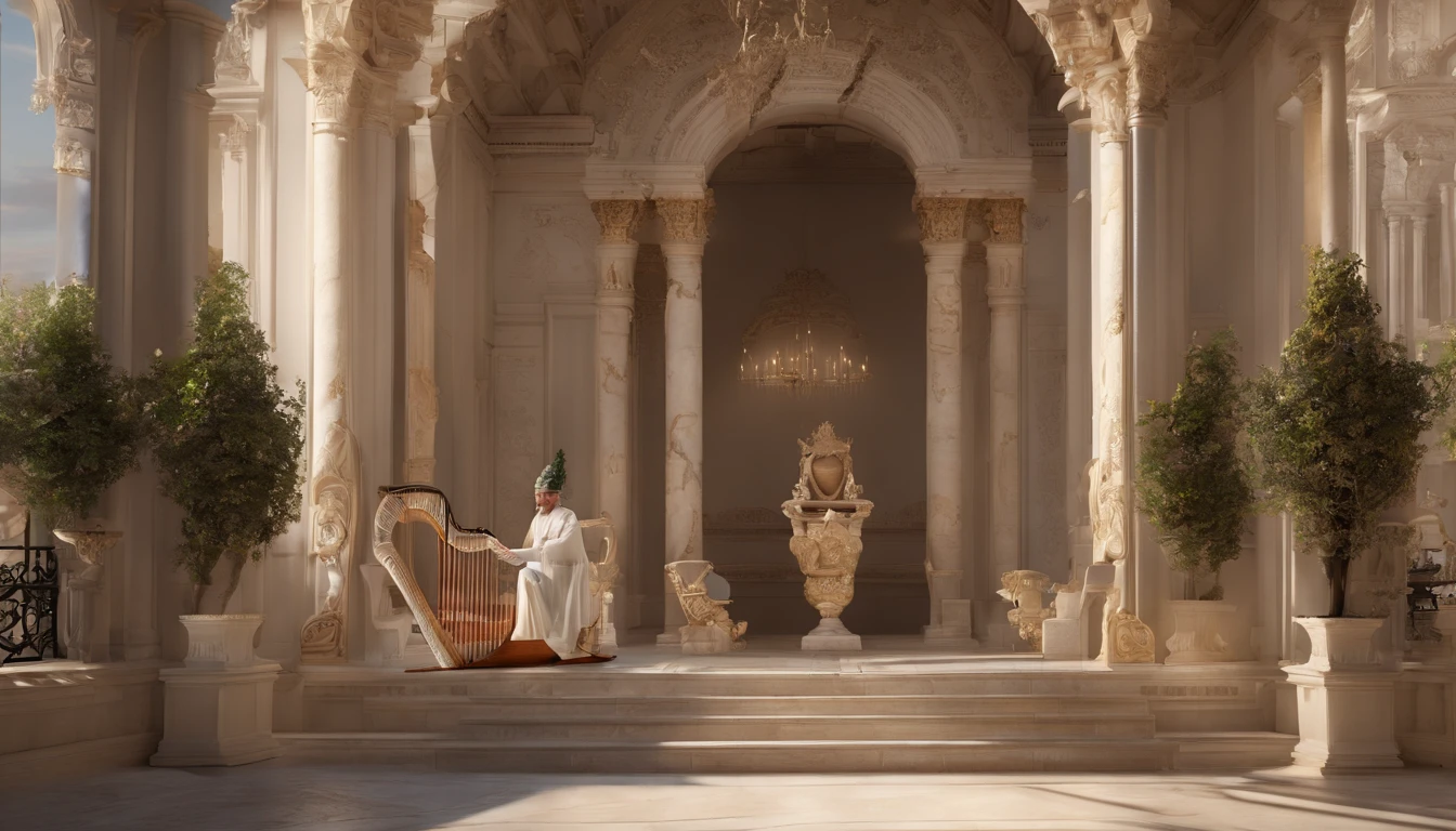 David happily played the harp in the palace courtyard to entertain King Saul.