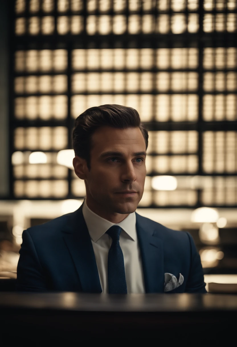 Portrait of New York businessman sitting behind desk in suit This man must be handsome and elegant Images must be 8k、Behind him you need to see New York