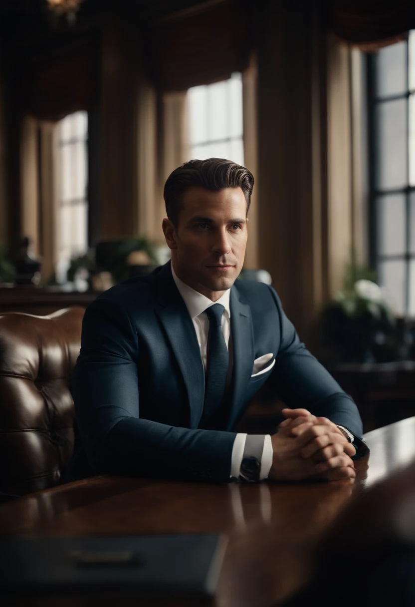Portrait of New York businessman sitting behind desk in suit This man must be handsome and elegant Images must be 8k、Behind him you need to see New York