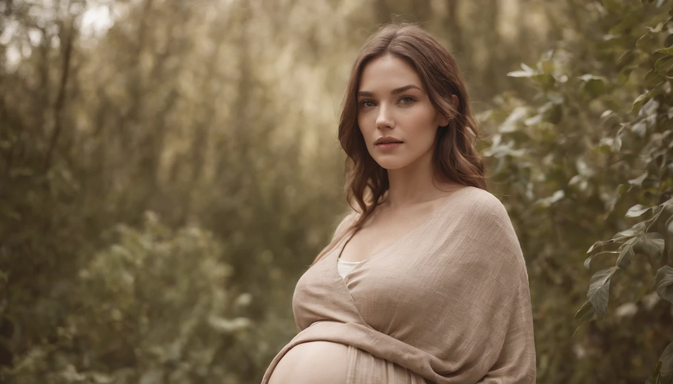 pregnant woman in cJungle, in the style of dark beige and beige, grid-based, highly textured, soft, photo taken with provia, folk/naïve,highly detailed,wide angle photo taken with fujifilm superia, charly amani,golden short hair, sunny day, full body photo