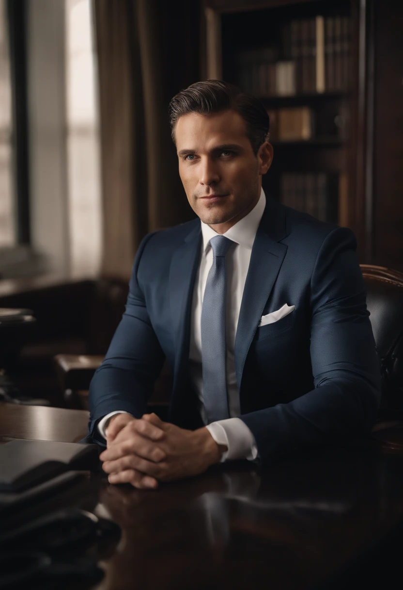 Portrait of New York businessman sitting behind desk in suit This man must be handsome and elegant Images must be 8K、Behind him you need to see New York、Facing the front、Looking at the camera