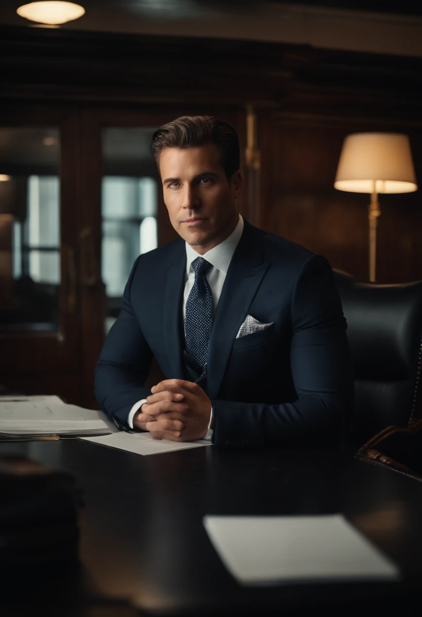Portrait of New York businessman sitting behind desk in suit This man must be handsome and elegant Images must be 8K、Behind him you need to see New York、Facing the front、Looking at the camera