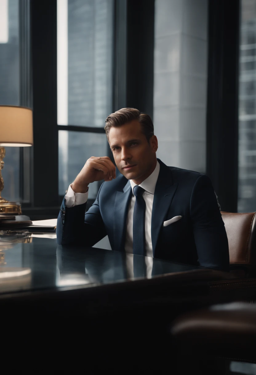 Portrait of New York businessman sitting behind desk in suit This man must be handsome and elegant Images must be 8K、Behind him you need to see New York