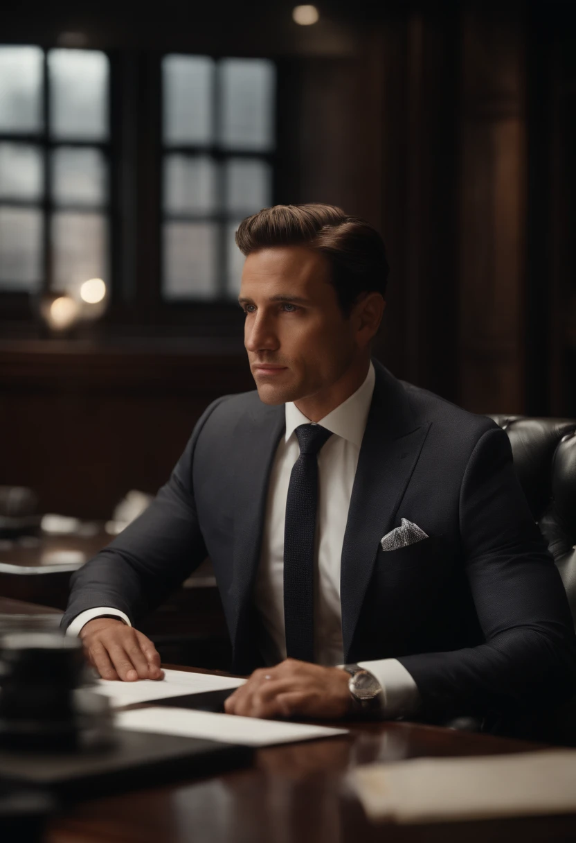 Portrait of New York businessman sitting behind desk in suit This man must be handsome and elegant Images must be 8K、Behind him you need to see New York