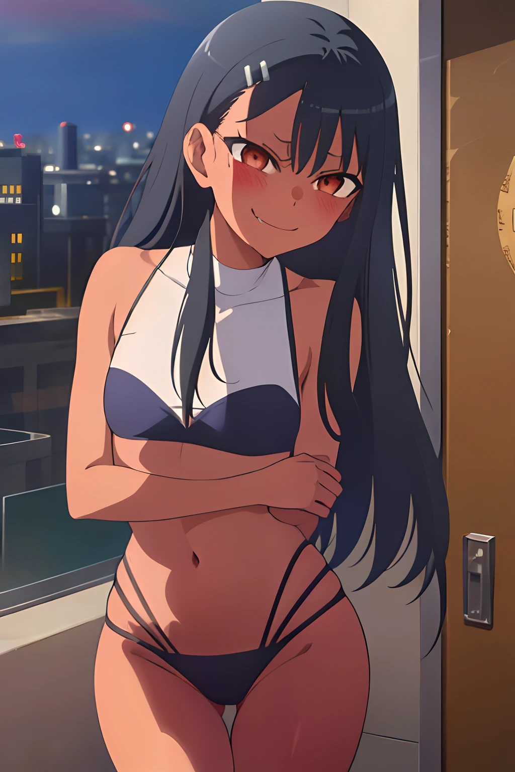 1girl, solo,small breast, masterpiece, professional artwork, famous artwork, perfect face,perfect eyes,nagatoro hayase, hair ornament, brown eyes,glowing eyes, hairclip,dark skin, black hair, cowboy shot, black hair, beautiful face, evil smile, evil eyes, ((perfect female body, narrow waist)),