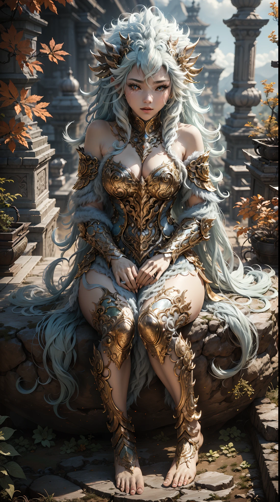 Great Wilderness East Meridian,dream-state、fanciful、A mythical beast anthropomorphic、banya,tmasterpiece,Toenails,pale-blue,sickle,salama,Layered hair,火焰,white colors,Fur,pastel green,metall armour,超高分辨率,high high quality,Export details