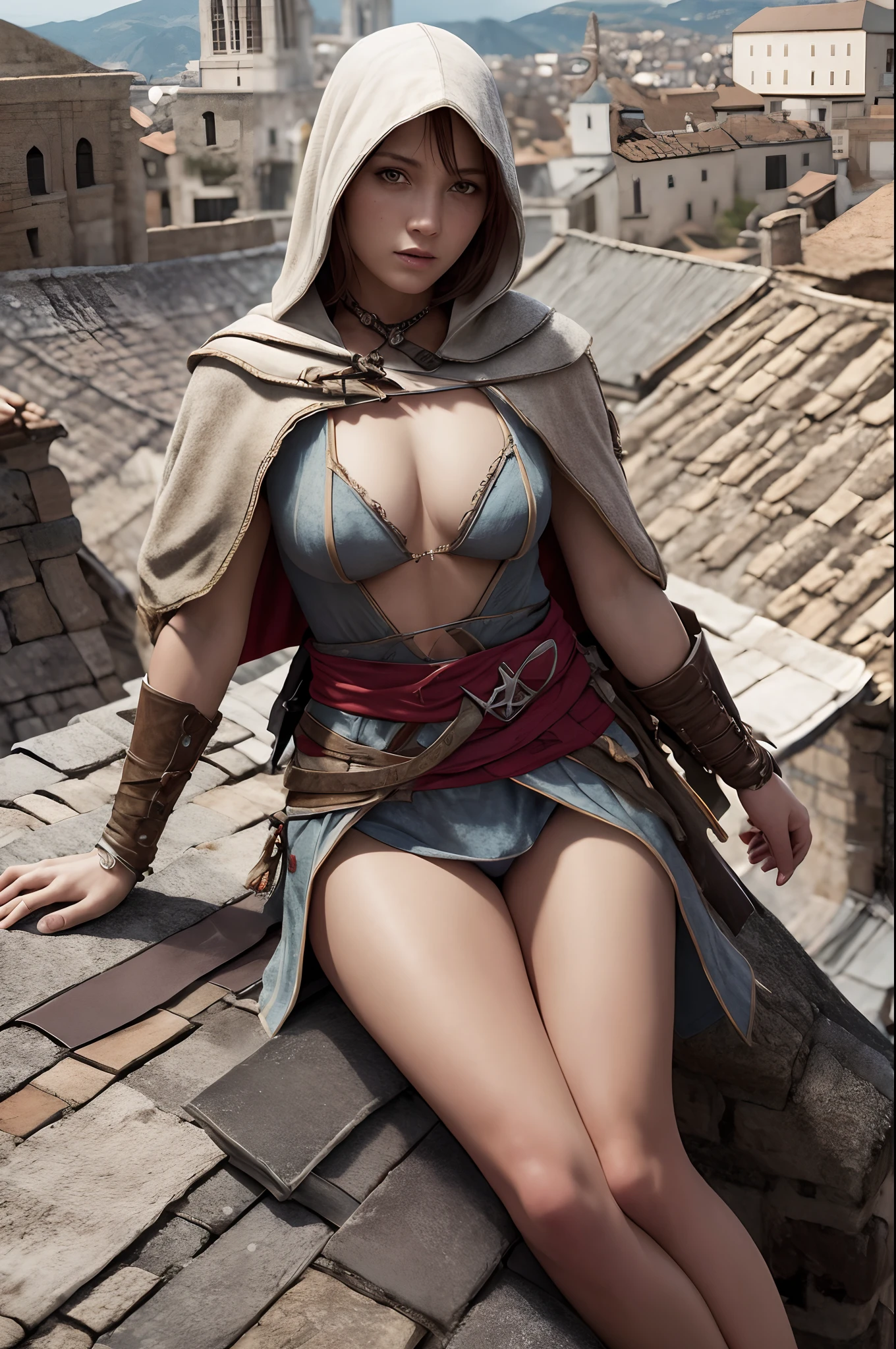 naked girl, assassin's creed, cape and gloves, ankle bracelets, laying on the roof, medieval town, high detailed, ultrarealistic full-lenght photo, 4k