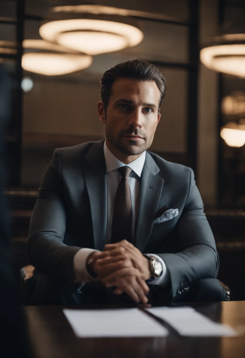 Portrait of New York businessman sitting behind desk in suit This man must be handsome and elegant Images must be 8K、Behind him you need to see New York、Facing the front、Looking at the camera