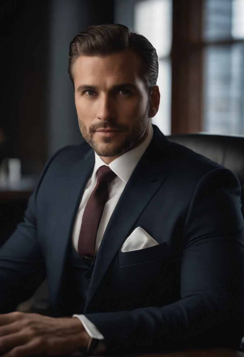 Portrait of New York businessman sitting behind desk in suit This man must be handsome and elegant Images must be 8K、Behind him you need to see New York、Facing the front、Looking at the camera