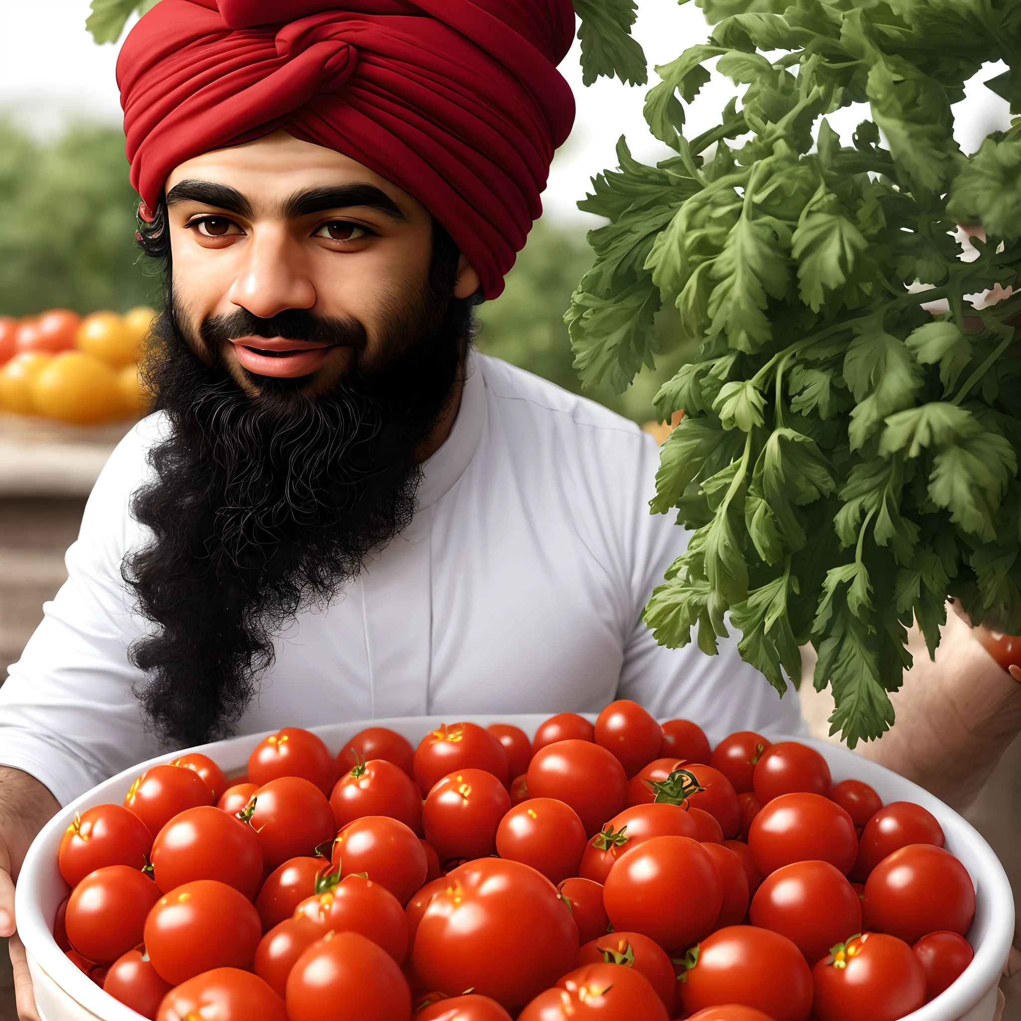 Mohamed Salah in a turban harvesting tomatoes