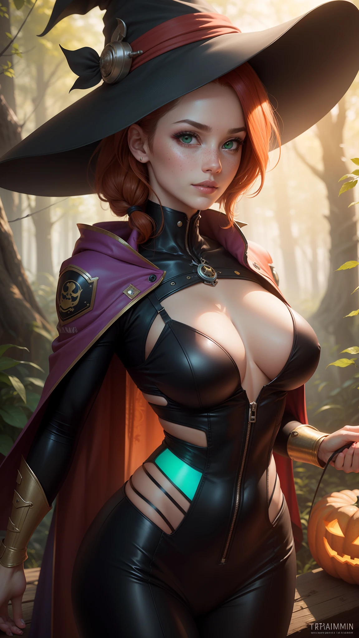 gwen tennyson,tracer,lisa minci,jill valentine,genshin impact,overwatch, 1girl,close up,mecha pilot,halloween forest,purple and white plugsuit,hair pin,pirate corset,steel long sleeve lycra top,steel leggings,short hair,cute makeup,green eyes,red and golden hair,shy smile,freckles,redhead,beautiful girl,large breasts,ultra detailed,realistic, fantasy art,witch dress,witch hat,witch cloak,magic wand,halloween pumpkin,