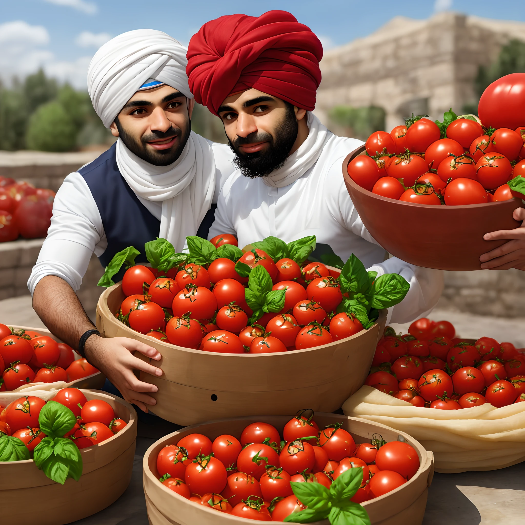 Mohamed Salah in a turban harvesting tomatoes