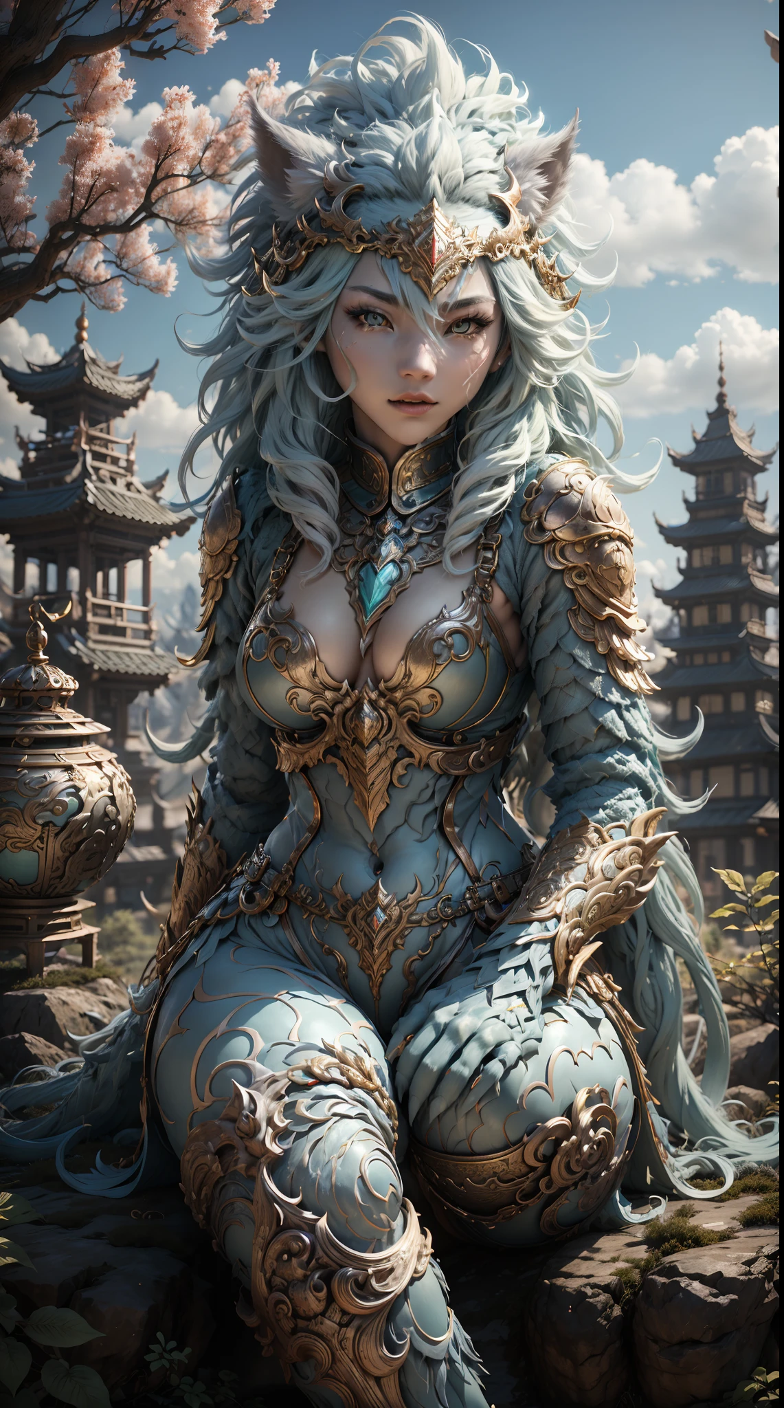 A mythical beast anthropomorphic、banya，tmasterpiece，Toenails，pale-blue，sickle，salama，Layered hair，火焰，white colors，Fur，pastel green，metall armour，Great Wilderness East Meridian，dream-state、fanciful、超高分辨率，high high quality，Export details