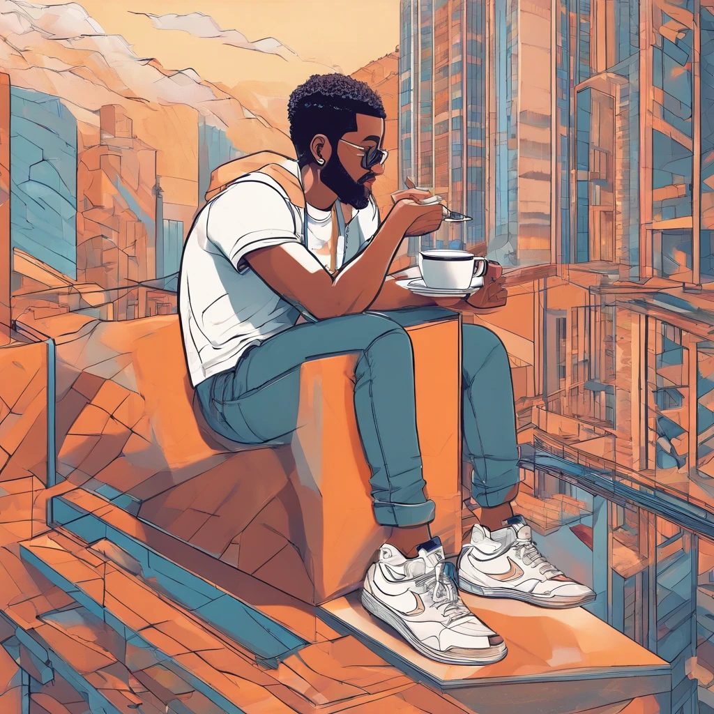 cartoon man sitting on a ledge holding a cup of coffee, in style of digital illustration, official fanart, gloomcore illustration, gmaster, artwork in the style of z.w. gu, detailed digital illustration, nft portrait, stylized digital illustration, high quality portrait, summer morning, detailed 2d illustration, lofi hip hop, fit the head size perfectly, eyes are on the sunrise, wearing white classy watch.