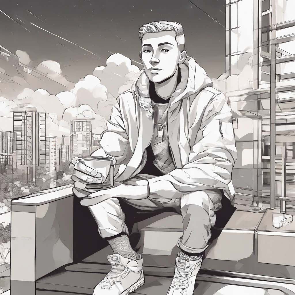 cartoon man sitting on a ledge holding a cup of coffee, in style of digital illustration, official fanart, gloomcore illustration, gmaster, artwork in the style of z.w. gu, detailed digital illustration, nft portrait, stylized digital illustration, high quality portrait, summer morning, detailed 2d illustration, lofi hip hop, fit the head size perfectly, eyes are on the sunrise, wearing white classy watch.