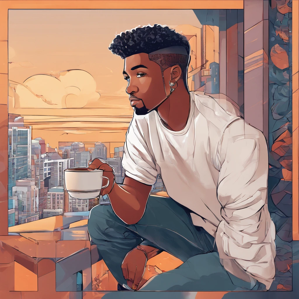 cartoon man sitting on a ledge holding a cup of coffee, in style of digital illustration, official fanart, gloomcore illustration, gmaster, artwork in the style of z.w. gu, detailed digital illustration, nft portrait, stylized digital illustration, high quality portrait, summer morning, detailed 2d illustration, lofi hip hop, fit the head size perfectly, eyes are on the sunrise, wearing white classy watch.