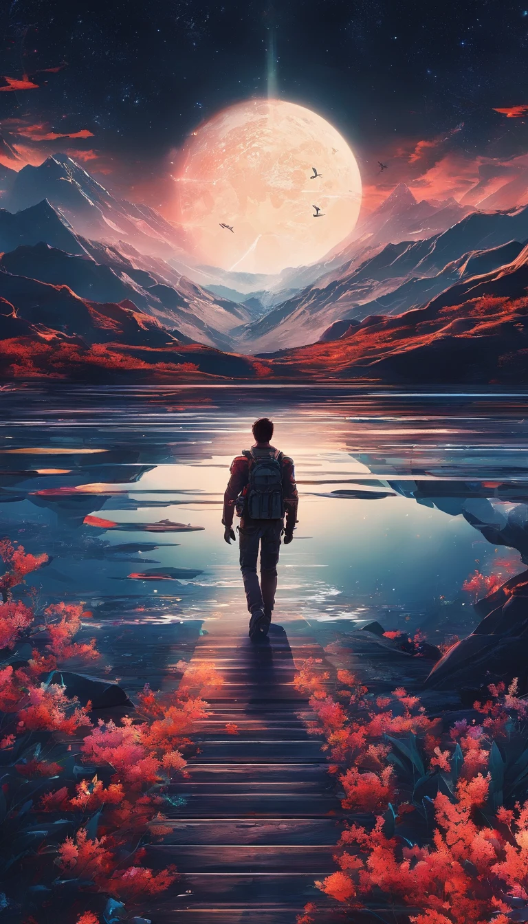 ((best qualtiy)), ((tmasterpiece)), (A detailed:1.4),Enhanced dynamic perspective,Behind,nighttime scene,starrysky,(darkly:1.4),((Business Professionals,Lag behind in every conceivable way,Sparkling in the moonlight,The starry sky flowed in front of him)),Secrets emerge in the dark,(Adventurer Backpack),(weeds),florals,(((adventurer clothes))),glow effect,super-fine,Works of masters,high quarity,8K分辨率,depth of fields,电影灯光,epic shooting,high quarity,super-fine,准确,Cinematic lighting