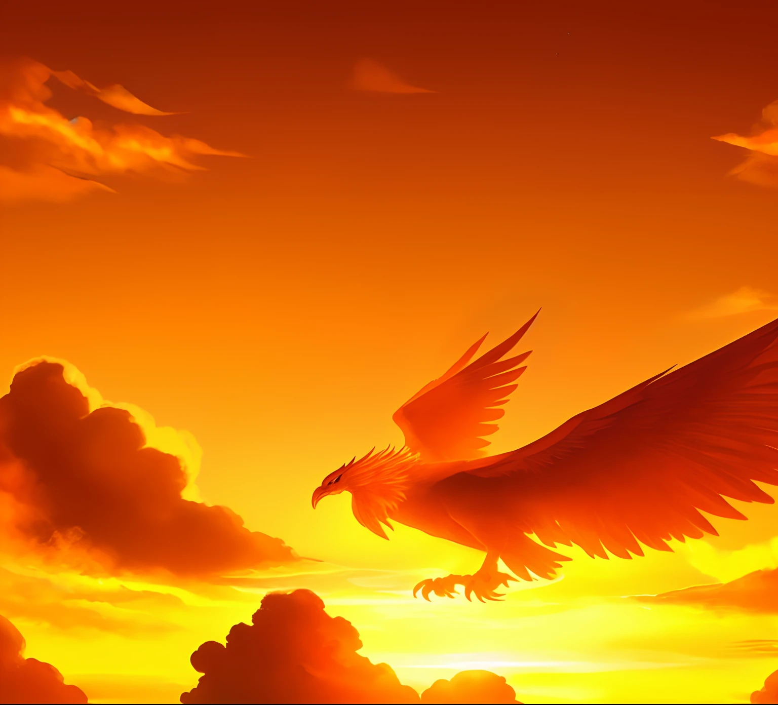 there is a picture of a bird flying in the sky, ''wallpaper of a phoenix resting, background artwork, ''wallpaper of a phoenix, firey environment, a dragon made of clouds, dragon in the sky, godrays digital painting, artwork of a phoenix, in a golden sunset sky, golden clouds, wings of fire, fiery bird, sunset background