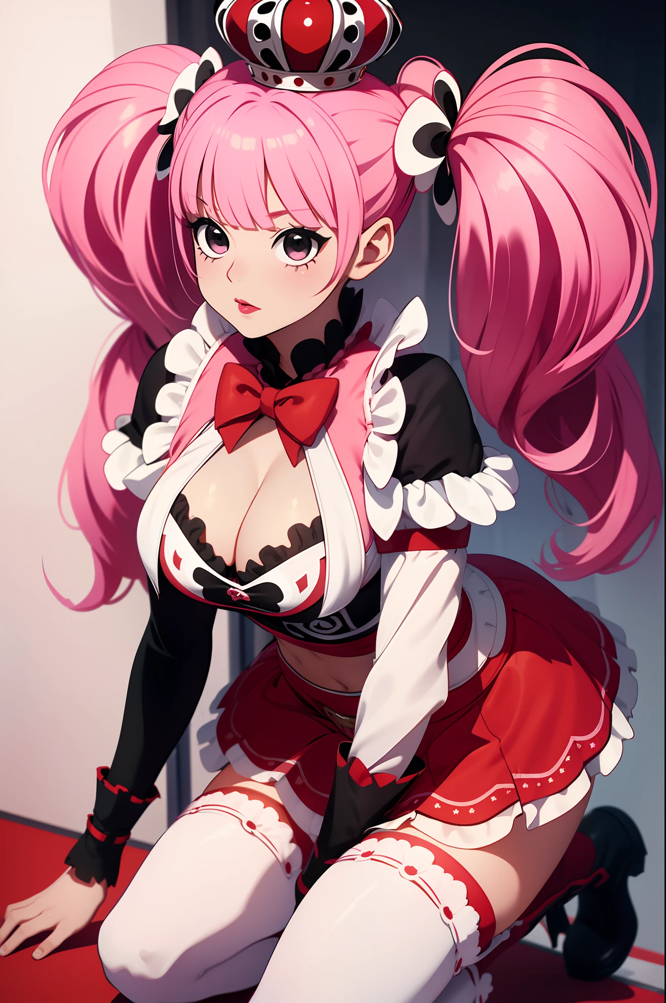 PeronaChan, cheems_perona_v3, pink hair, black eyes, blunt bangs, drill hair, red lipstick, twintails, crown, black and white stockings, red boots, red capelet, white shirt with sleeves, red skirt, perfect anatomy, solo, realistic art, cleavage