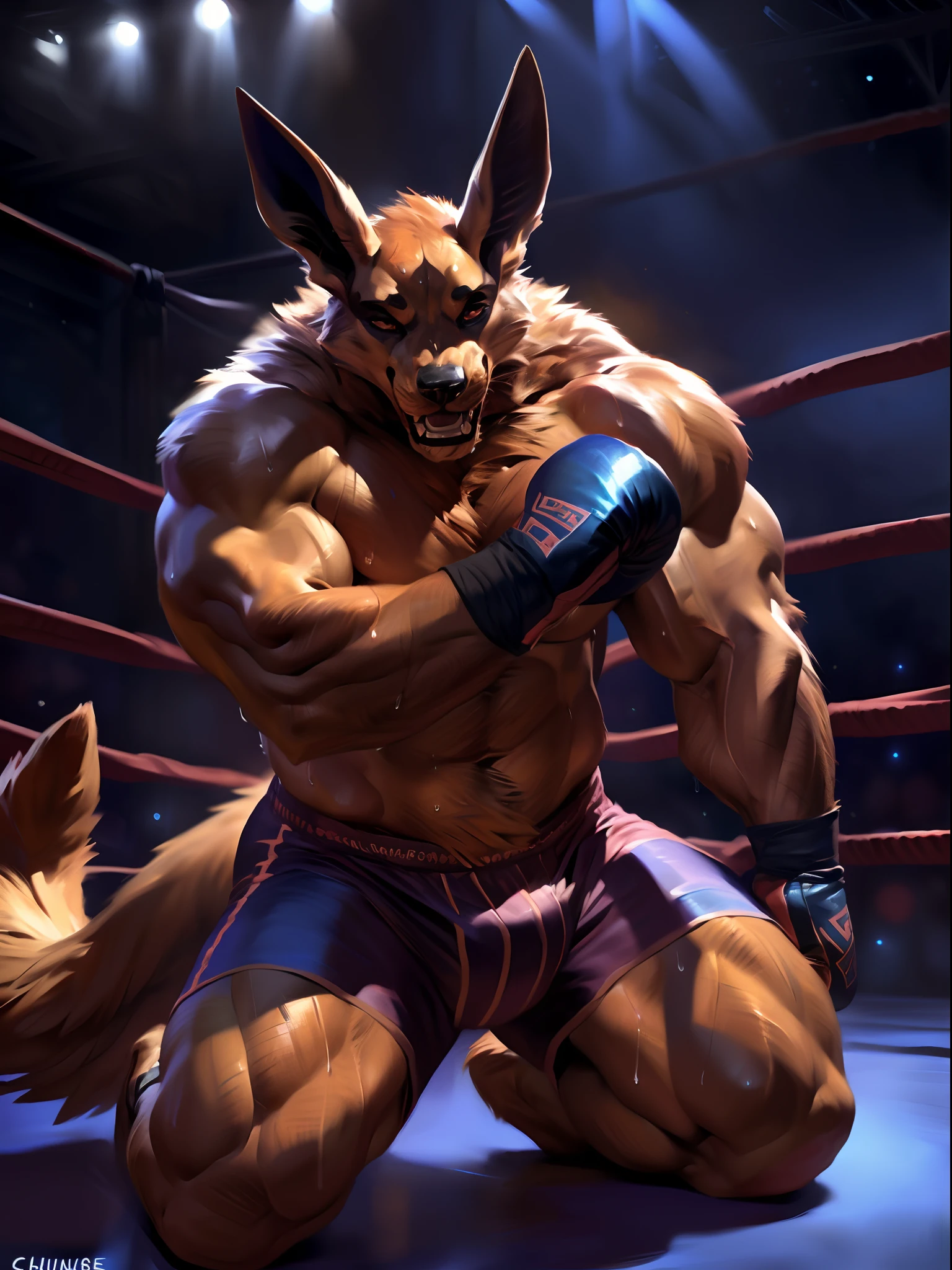 muscular anthro lora:kurama wearing boxing gloves. 4k, high resolution, best quality, perfect colors, perfect shadows, perfect lighting, posted on e621, furry body, solo, anthro kurama, body hair, older, male, adult, masculine, (heavily muscular, buff:1.2), bare torso, correct anatomy, (photorealistic fur, detailed fur, epic, masterpiece:1.2), (detailed gym background, nighttime), sexy shadows, (by Taran Fiddler, by Chunie, by Kusunagi, Bonifasko lighting), (boxing shorts:1.2), (detailed eyes:1.2), sweaty:1, sweat:1.2, shiny fur, full body, boxing gloves, kneeling on floor, (sweat:1.4), open mouth, visible breath, exhausted, (arms lowered, arms down:1.1)