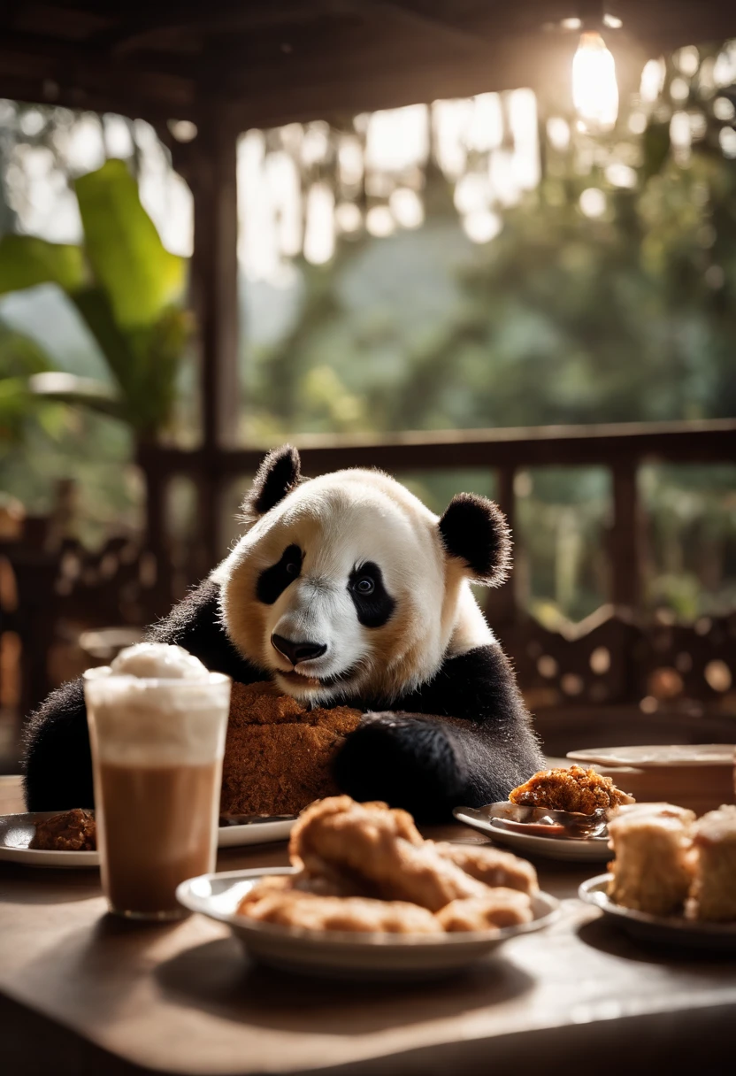 Capture the heartwarming moment of a giant panda seated at a restaurant table, savoring a plate of nasi lemak, fried chicken, and a glass of ice milo. The panda's face should light up with pure happiness and surprise, with a mouthful of nasi lemak, as if it's tasting this beloved Malaysian dish for the very first time,