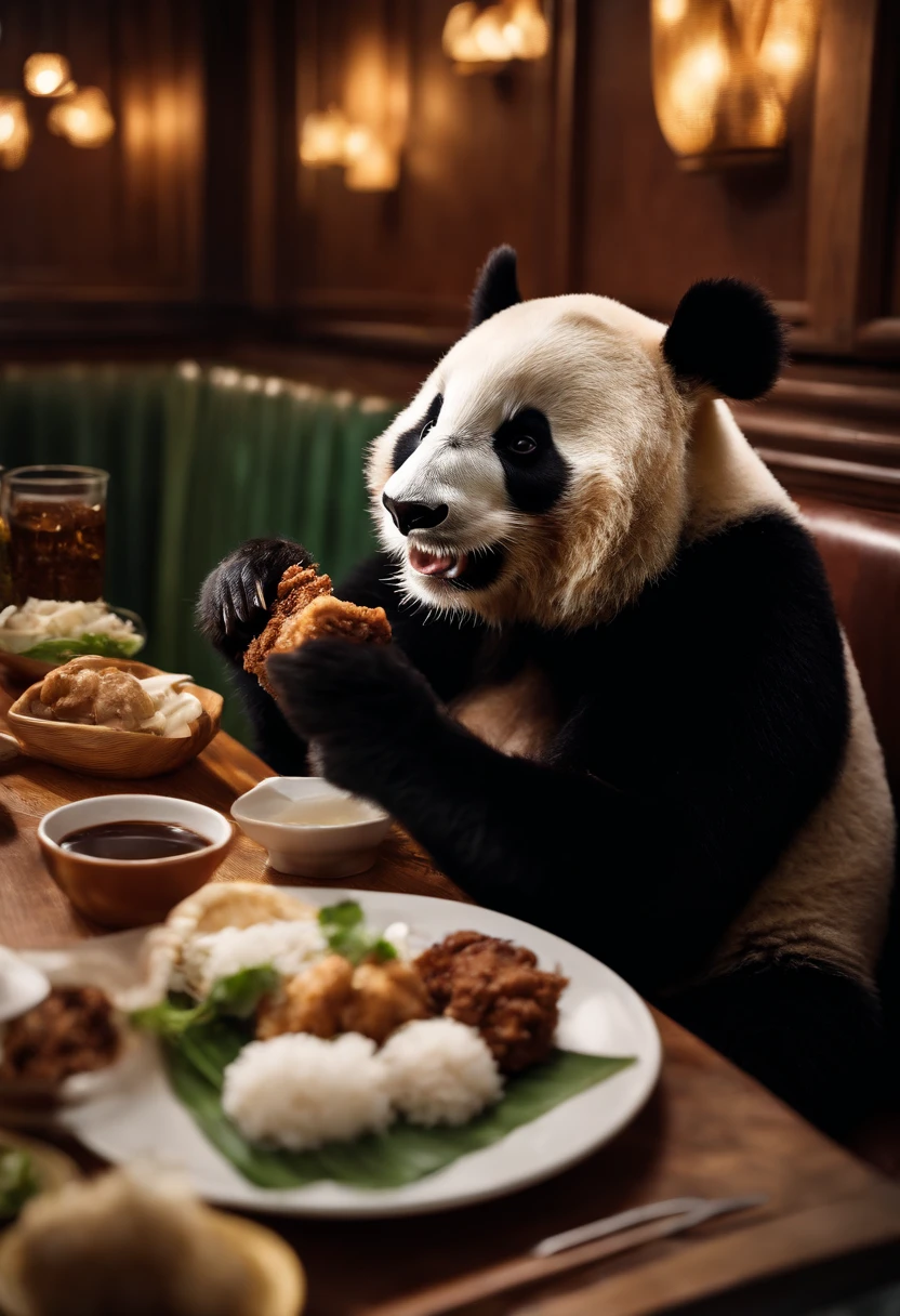 Capture the heartwarming moment of a giant panda seated at a restaurant table, savoring a plate of nasi lemak, fried chicken, and a glass of ice milo. The panda's face should light up with pure happiness and surprise, with a mouthful of nasi lemak, as if it's tasting this beloved Malaysian dish for the very first time,