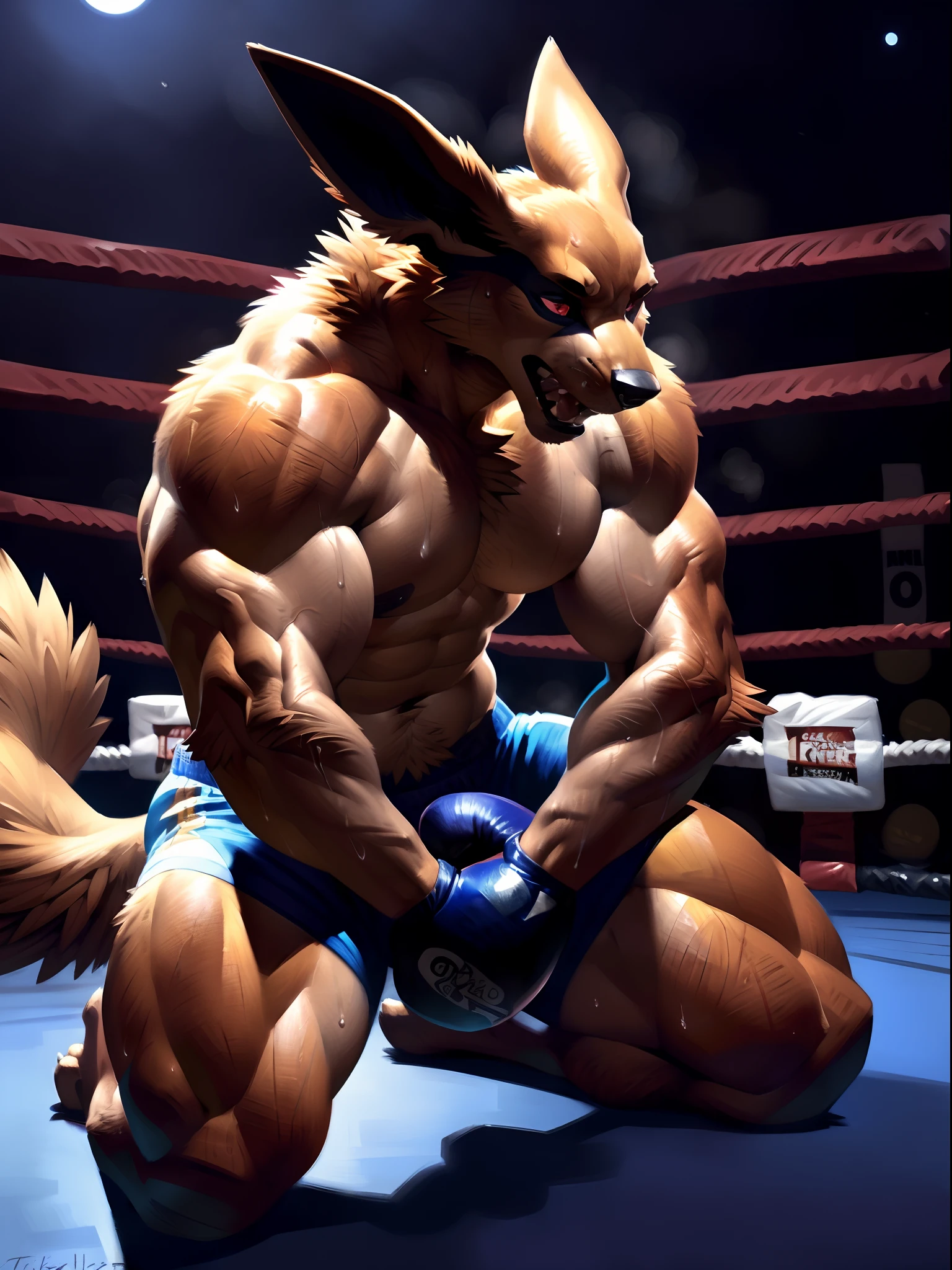 muscular anthro lora:kurama wearing boxing gloves. 4k, high resolution, best quality, perfect colors, perfect shadows, perfect lighting, posted on e621, furry body, solo, anthro kurama, body hair, older, male, adult, masculine, (heavily muscular, buff:1.2), bare torso, correct anatomy, (detailed fur, epic, masterpiece:1.2), (detailed gym background, nighttime), sexy shadows, (by Taran Fiddler, by takemoto arashi), (boxing shorts:1.2), (detailed eyes:1.2), sweaty:1, sweat:1.2, shiny fur, full body, boxing gloves, kneeling on floor, (sweat:1.4), open mouth, visible breath, exhausted, (arms lowered, arms down:1.1)