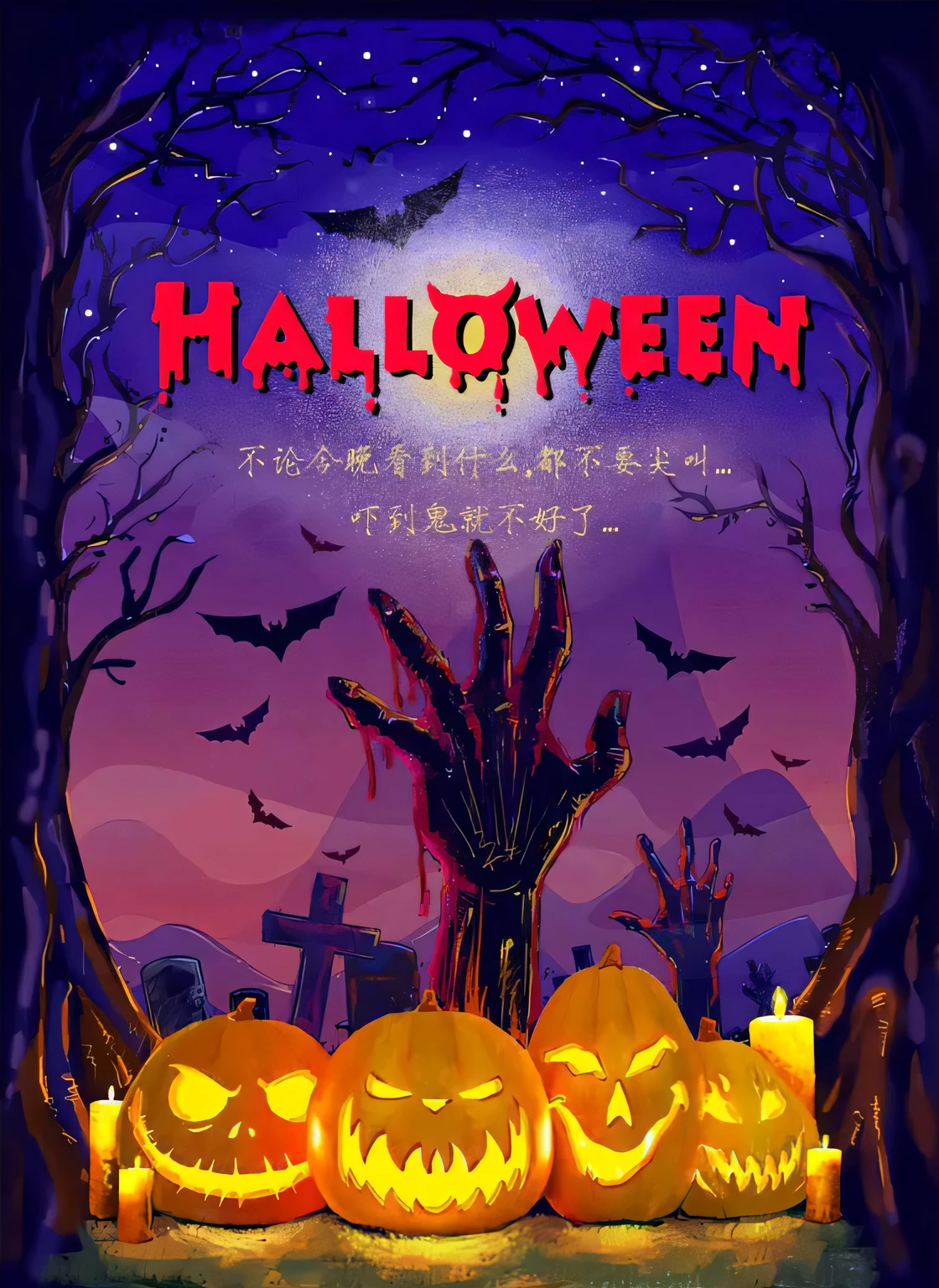 Halloween party poster with pumpkins and one hand, halloween art style, halloween celebration, halloween theme, halloween night, Halloween movies, halloween atmosphere, Halloween, halloween wallpaper with ghosts, spooky halloween theme, halloween scene, ( ( ( arte de terror ) ) ), 💣 💥, spooky halloween night,