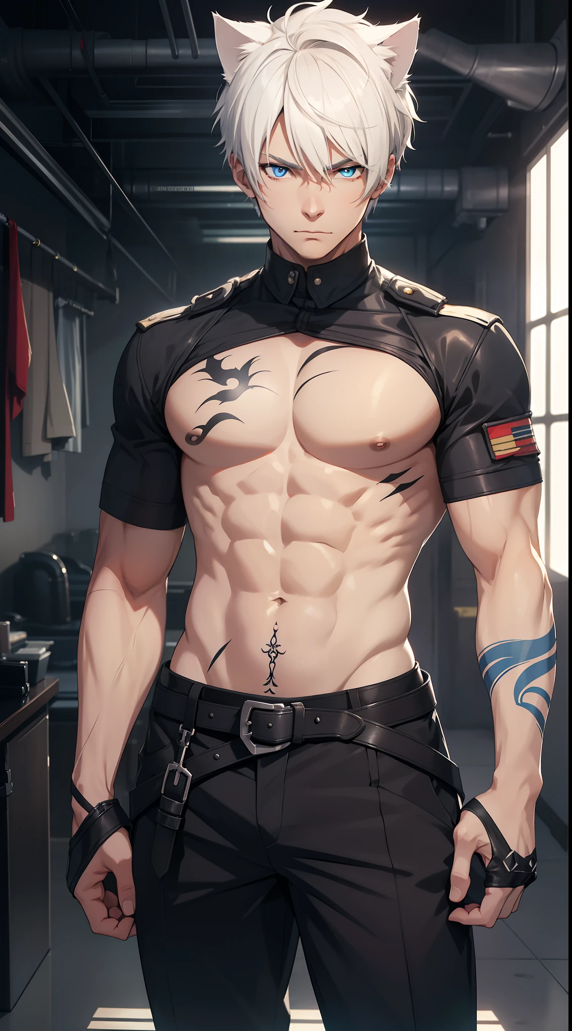 Grown-up guy, short white hair, cat ears, blue eyes, Combat uniform, musculature, open torso, belts, Scars, tattoo, claws, Masterpiece, hiquality, 4k, HD, Good detail