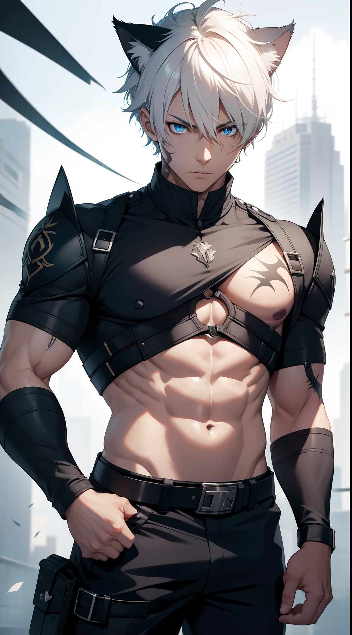 Grown-up guy, short white hair, cat ears, blue eyes, Combat uniform, musculature, open torso, belts, Scars, tattoo, claws, Masterpiece, hiquality, 4k, HD, Good detail