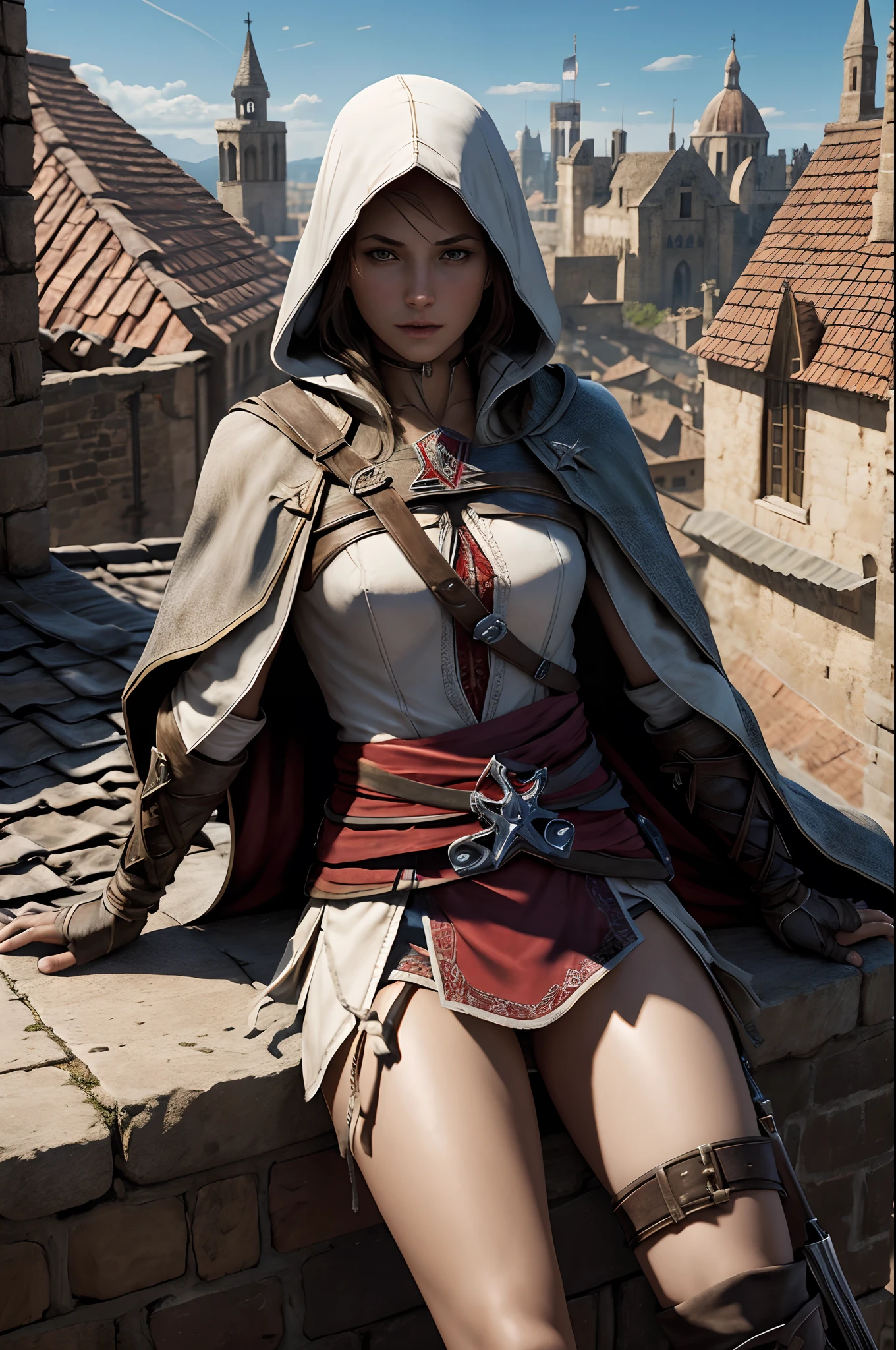 naked girl, assassin's creed, cape and gloves, ankle bracelets, belts on body, laying on the roof, medieval town, high detailed, ultrarealistic full-lenght photo, 4k
