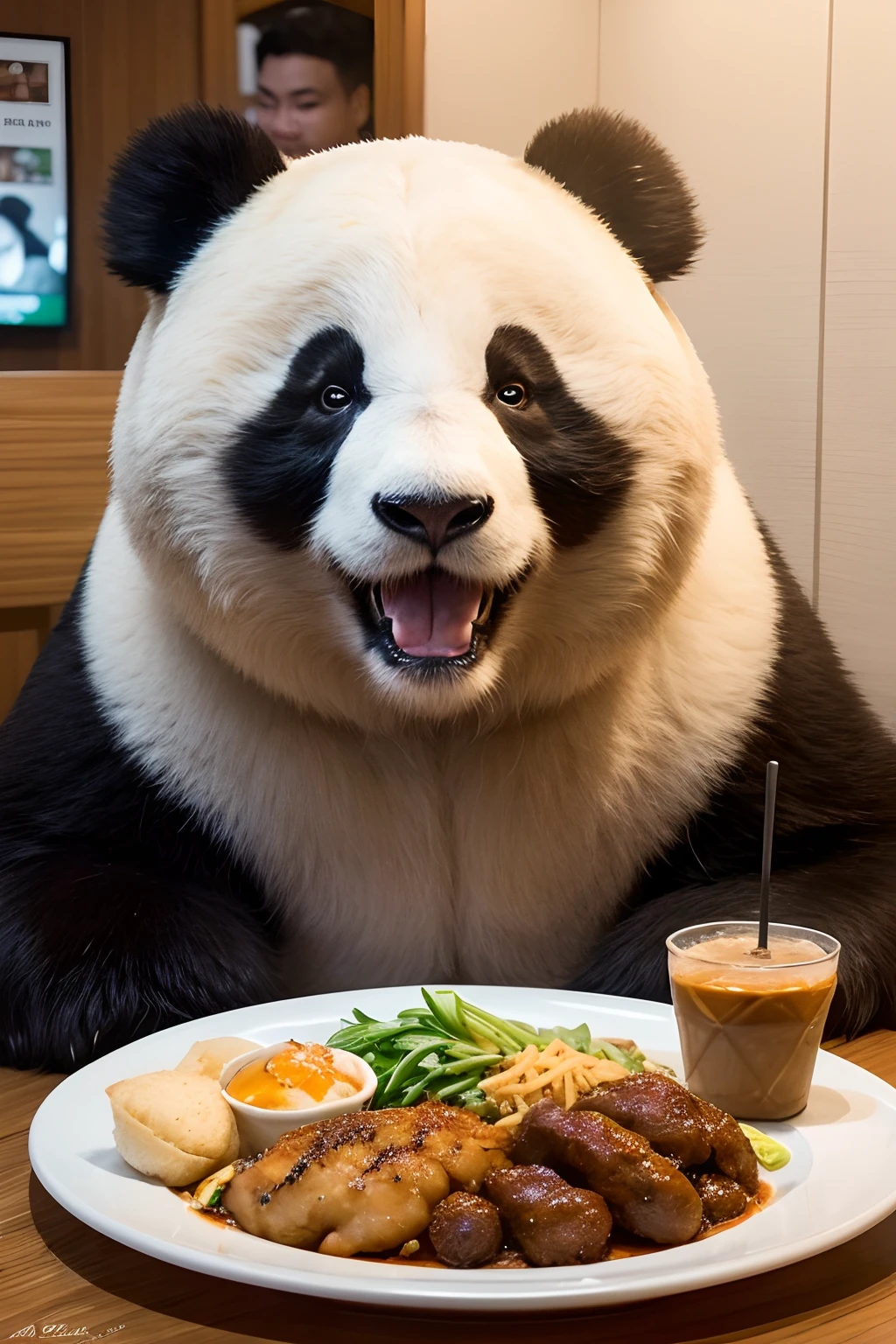 Capture the heartwarming moment of a giant panda seated at a restaurant table, savoring a plate of nasi lemak, fried chicken, and a glass of ice milo. The panda's face should light up with pure happiness and surprise, with a mouthful of nasi lemak, as if it's tasting this beloved Malaysian dish for the very first time