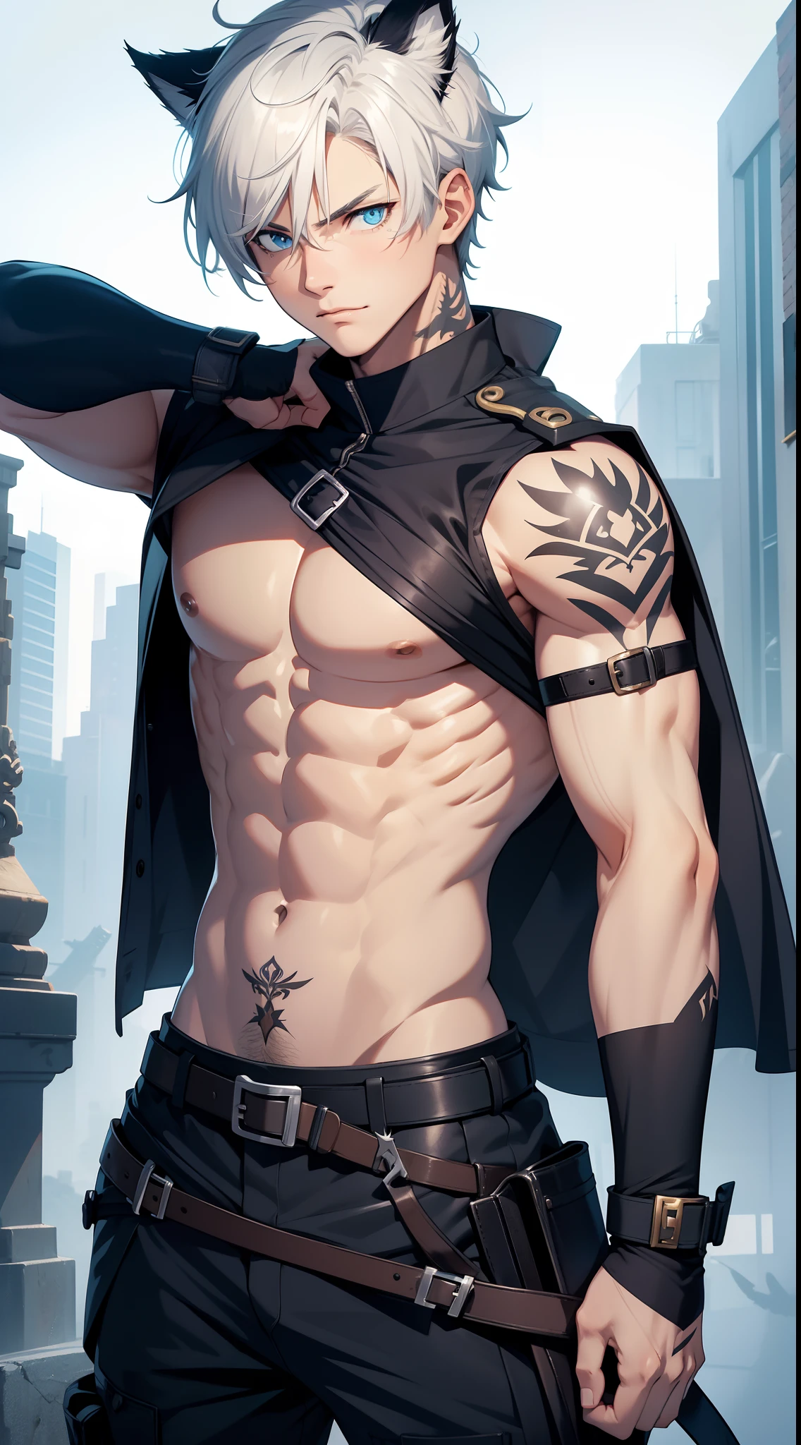 Grown-up guy, short white hair, cat ears, blue eyes, Combat uniform, musculature, open torso, belts, Scars, tattoo, claws, Masterpiece, hiquality, 4k, HD, Good detail