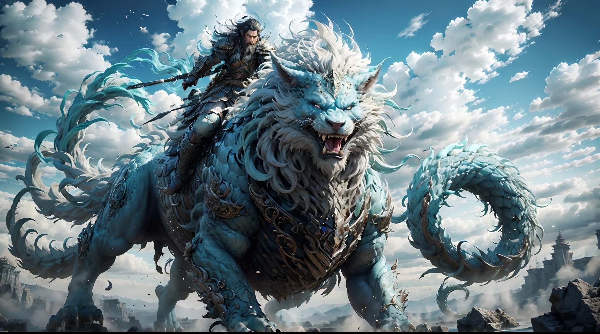 Great Wilderness East Meridian，dream-state、fanciful、A mythical beast、banya，tmasterpiece，Toenails，pale-blue，sickle，salama，Layered hair，火焰，white colors，Fur，pastel green，Riding，metall armour，超高分辨率，high high quality，Export details
