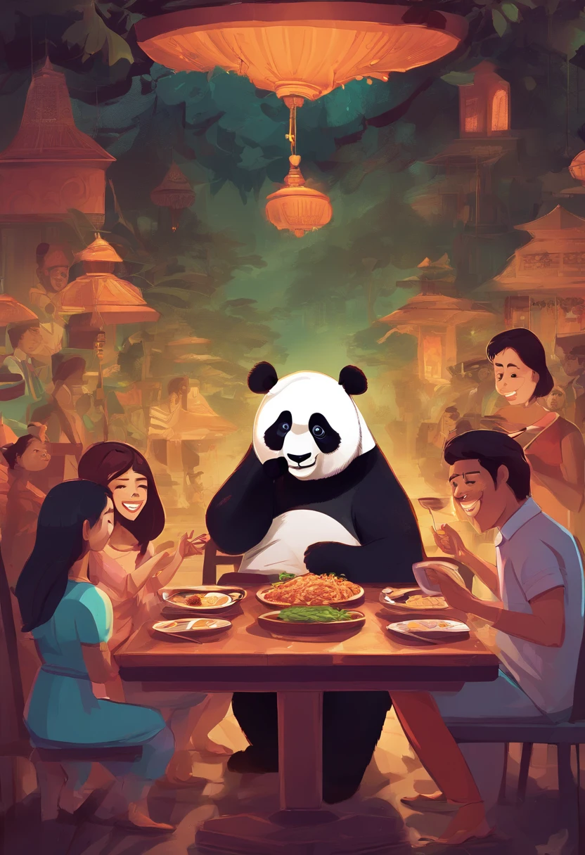 Capture the heartwarming moment of a giant fluffy panda seated at a indian restaurant table, crowded restaurant, savoring a plate of nasi lemak, fried chicken, and a glass of ice milo. The panda's face should light up with pure happiness and surprise, with a mouthful of nasi lemak, as if it's tasting this beloved Malaysian dish for the very first time, 4k