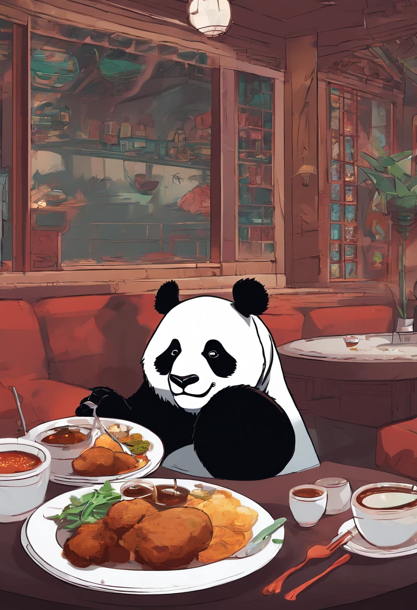 Capture the heartwarming moment of a giant fluffy panda seated at a indian restaurant table, crowded restaurant, savoring a plate of nasi lemak, fried chicken, and a glass of ice milo. The panda's face should light up with pure happiness and surprise, with a mouthful of nasi lemak, as if it's tasting this beloved Malaysian dish for the very first time, 4k