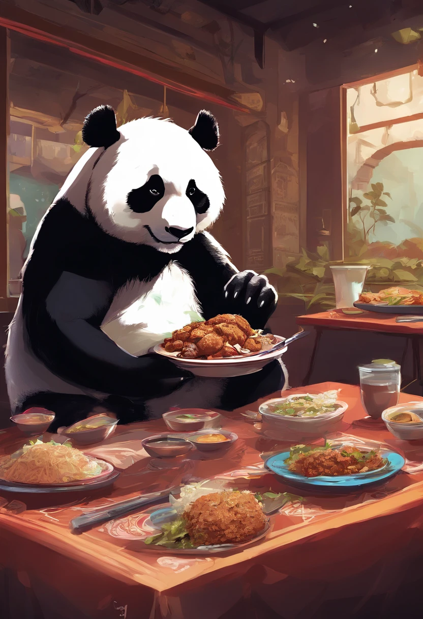 Capture the heartwarming moment of a giant fluffy panda in blue office suits seated at a old bad restaurant table, crowded restaurant, old vintage bd restaurant, people staring at him, savoring a plate of nasi lemak, fried chicken, and a glass of ice milo. The panda's face should light up with pure happiness and surprise, with a mouthful of nasi lemak, as if it's tasting this beloved Malaysian dish for the very first time, 4k, dramatic lighting, dramatic effect, smoke effect, a lot of smoke, kitchen on fire in far background,