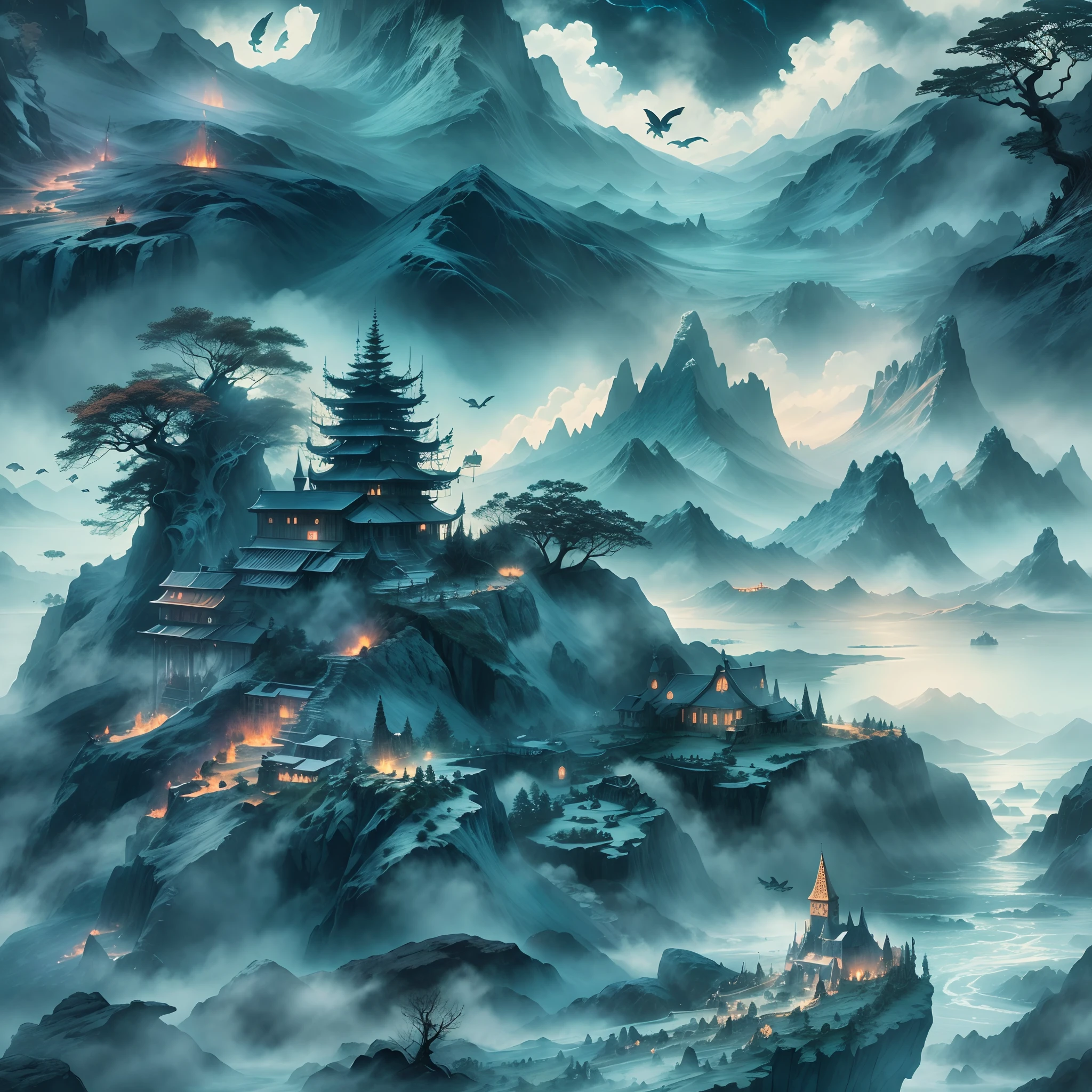 Traditional ink painting style：Detailed mountains and oceans,Mysterious creatures and spirits,A lush，Vibrant landscape,Mythical and magical atmosphere,Dark blue color palette,Hazy and ethereal lighting，Best quality,A high resolution,(Realistic,Photorealistic:1.37),