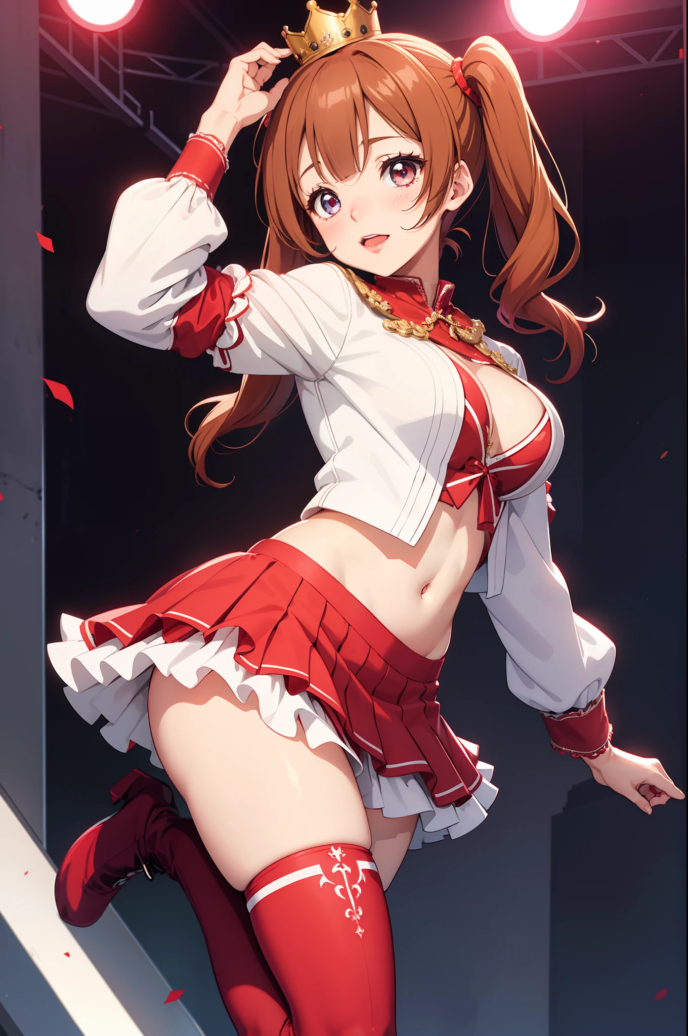 Kousaka honoka, blunt bangs, drill hair, red lipstick, twintails, crown, black and white stockings, red boots, red capelet, white shirt with sleeves, red skirt, perfect anatomy, solo, navel, groin, cleavage