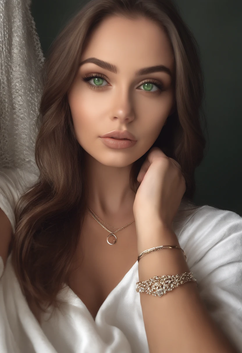 arafed woman with a white tank top and a necklace, sexy girl with green eyes, portrait sophie mudd, brown hair and large eyes, selfie of a young woman, bedroom eyes, violet myers, without makeup, natural makeup, looking directly at the camera, face with artgram, subtle makeup, stunning full body shot, piercing green eyes, beautiful angle, attractive pose, cute girl, sexy pose, full body picture, full body, full body shoot, brunette goddess, high detail, satisfied pose, leather pants